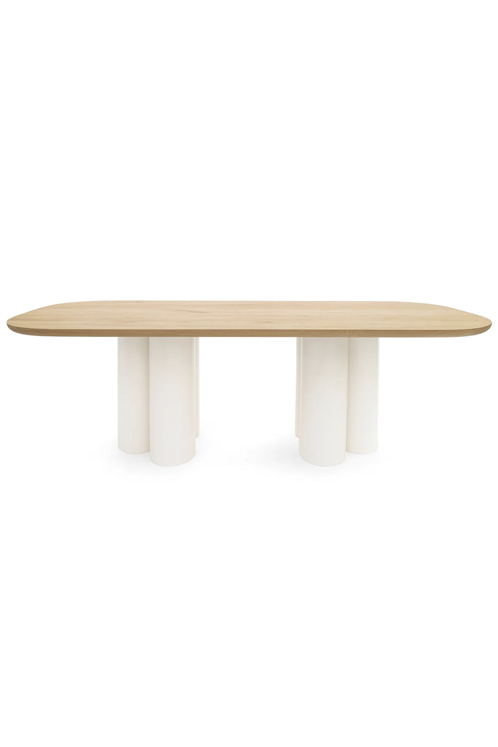 NG DESIGN Object 071 Dining Table, featuring a light natural wood grain tabletop with subtly rounded corners and sculptural white pillar bases. This premium, modern dining table is ideal for contemporary living spaces.