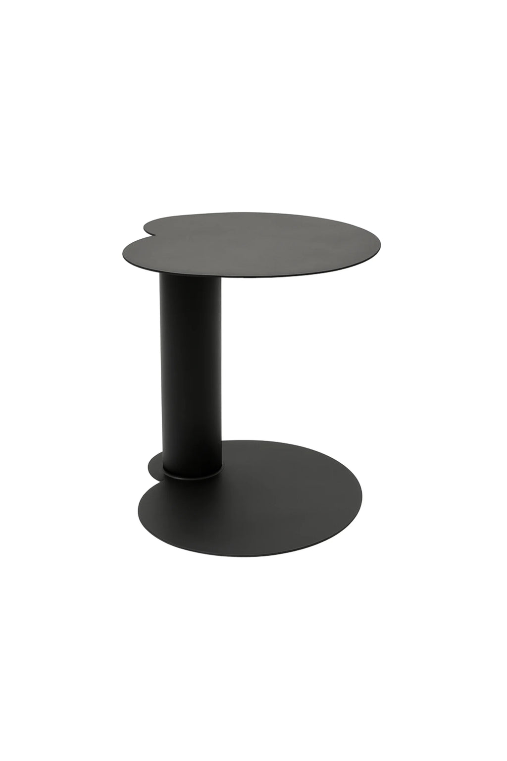 NG DESIGN Object 073 Side Table in matte black metal with a flat lay, minimalist lotus-leaf base and top with cylindrical stem. A premium, modern accent table for contemporary living spaces.