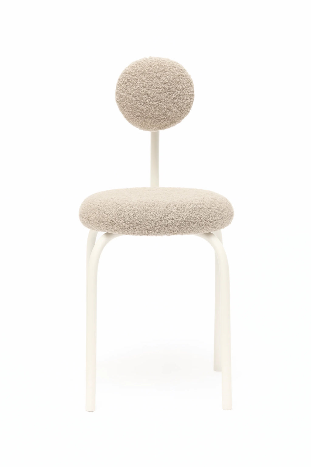 NG DESIGN Object 077 Chair with a white frame and creamy beige bouclé fabric seat and circular backrest, studio shot. A unique, premium chair for modern spaces.