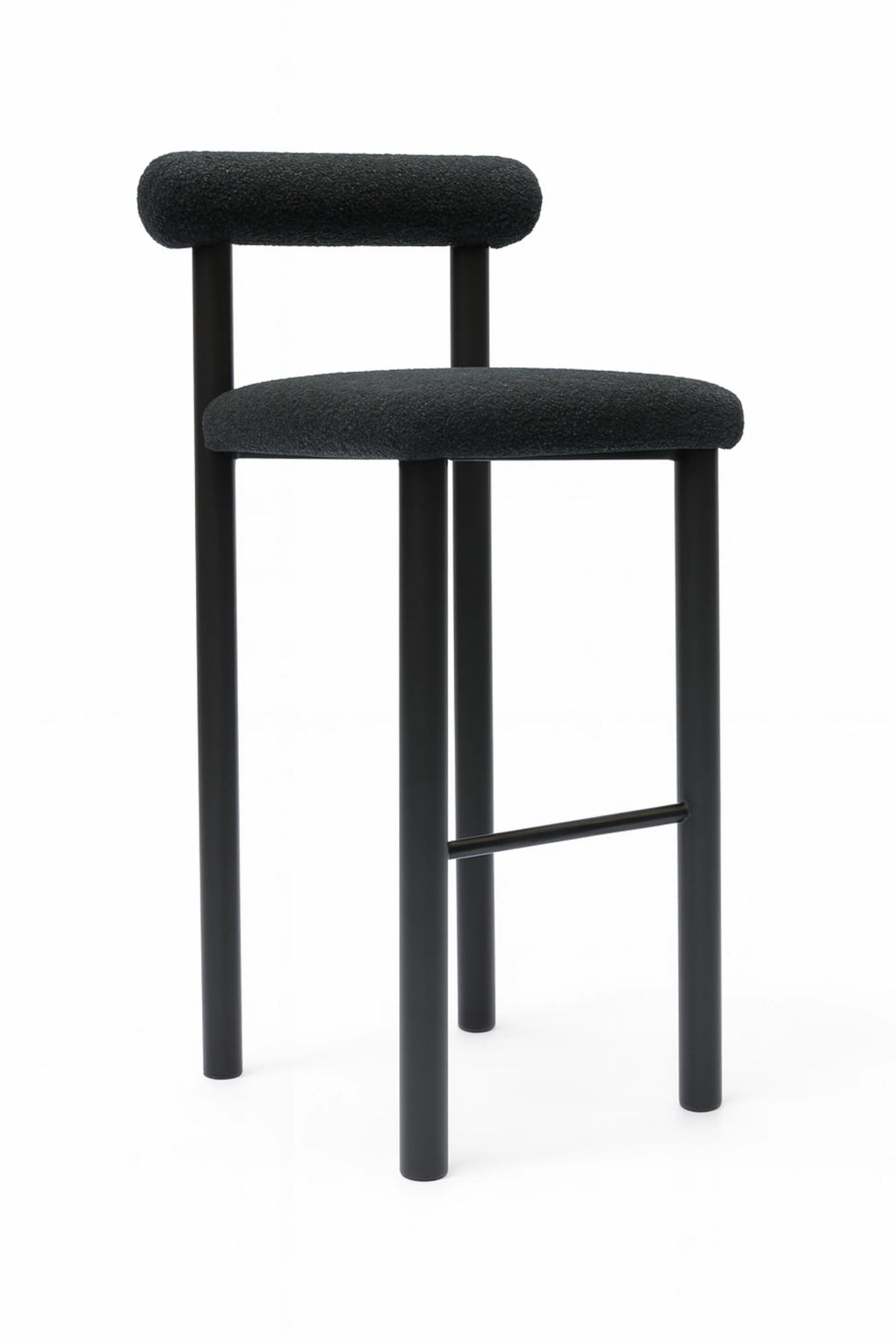 NG DESIGN Object 093 Bar Stool in a full studio shot, featuring a sleek modern design with matte black cylindrical metal legs and a textured dark gray boucle fabric seat and backrest. This premium minimalist seating is ideal for contemporary kitchen islands or home bars.