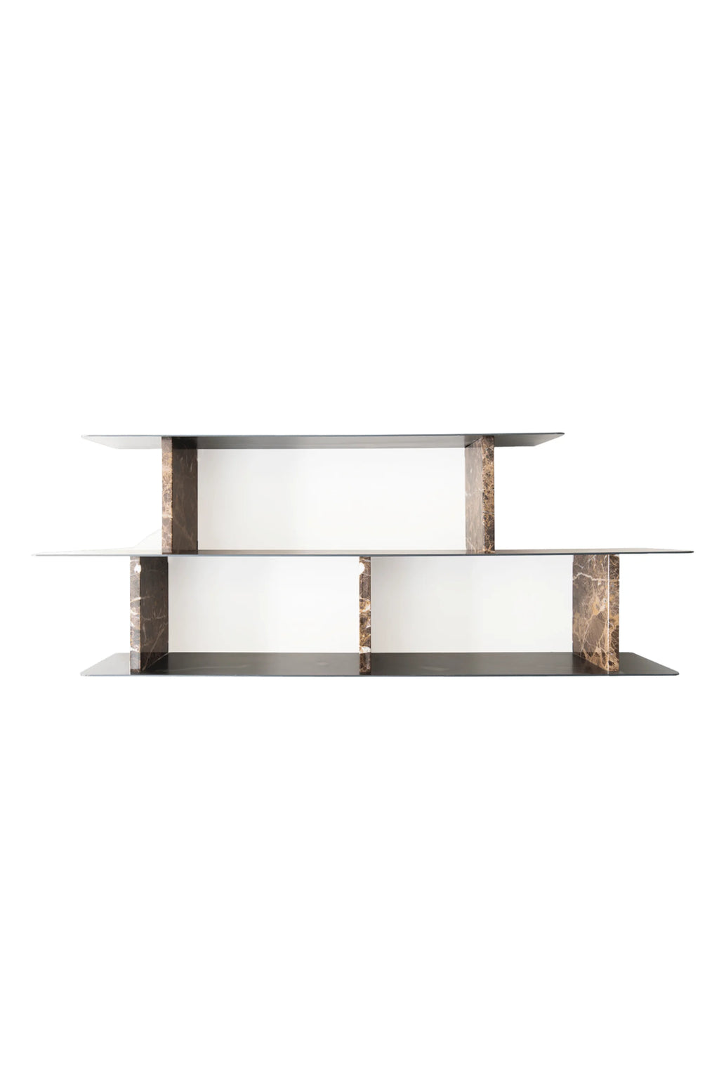 NG DESIGN Object 094 Shelf, featuring a luxurious brown veined marble design with two smoky grey glass shelves arranged in a unique, staggered layout. Ideal for contemporary display.