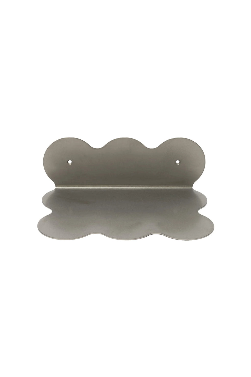 NG DESIGN Object 095 Shelf: A sleek, modern silver-grey metal shelf with a distinctive wavy, scalloped edge on both top and bottom, featuring two visible mounting holes. Perfect for contemporary interiors.