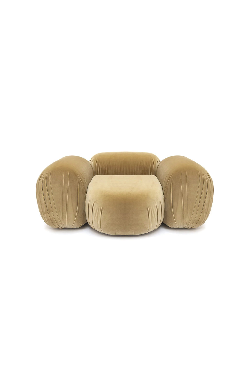 NG DESIGN Object 103 Armchair: A premium light beige velvet luxury armchair with spherical, pleated arms and backrest, and a square seat, photographed on a white background. Ideal for modern living spaces.