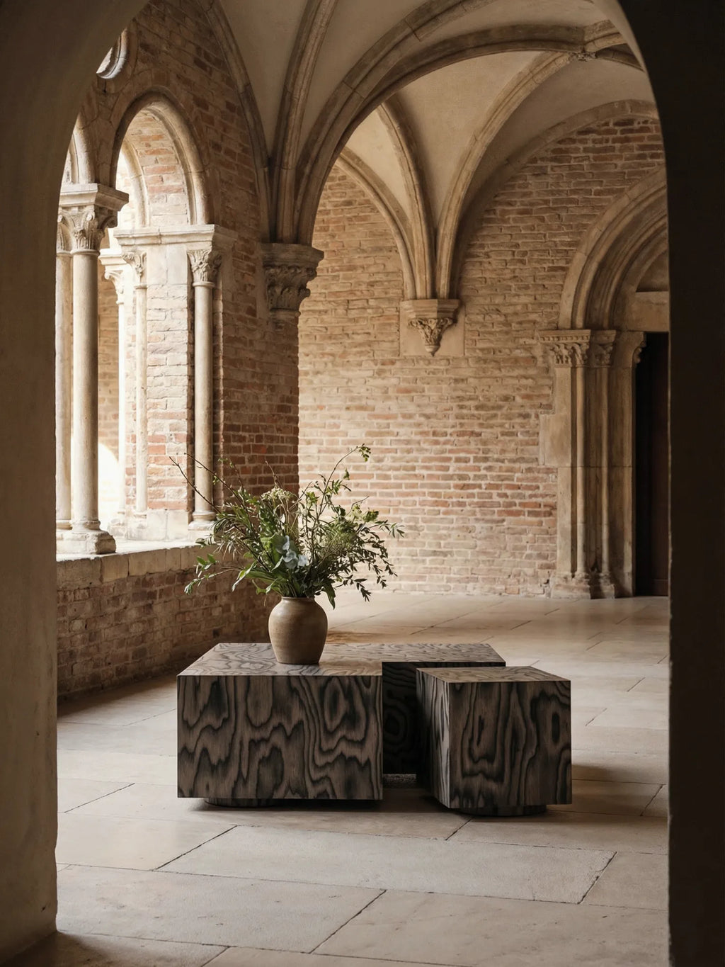 NG DESIGN Object 108 Sottsass Coffee Table, a striking modular coffee table set crafted from dark, heavily-grained solid wood, featuring a larger rectangular block and a smaller square block with.