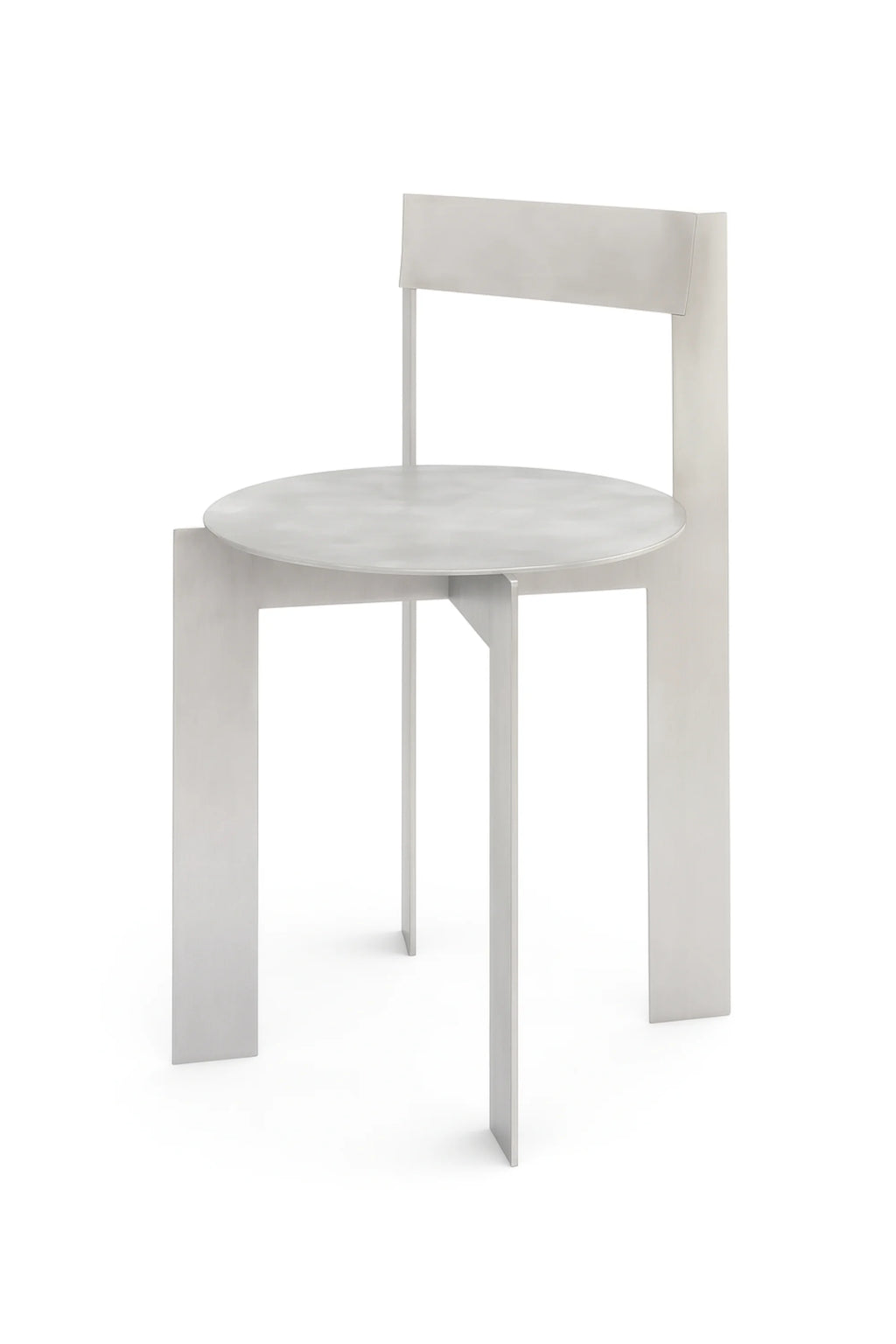 NG DESIGN's Object 111 Chair, a minimalist luxury chair, rendered in a light grey matte finish on a white background, highlighting its unique flat panel legs, round seat, and rectangular backrest. An authentic, modern statement piece.