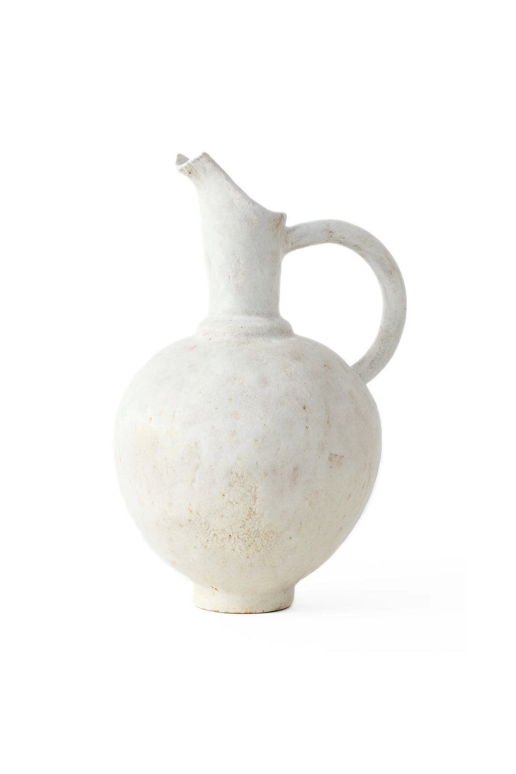 Canoa Lab Oinochoe Perla Pitcher, a classic, handcrafted white ceramic pitcher with a smooth, slightly textured finish, featuring a rounded body, a curved handle, and a distinctive pouring spout, displayed on a clean white background.