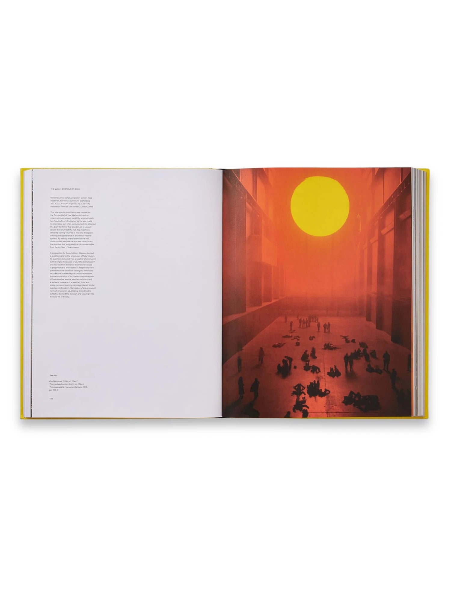 Book Olafur Eliasson, Experience, an open art catalog with a vibrant yellow spine, showcasing a striking orange-red art installation with a large yellow circle resembling a sun, and silhouettes of people on the floor. This comprehensive art book is perfect for contemporary art enthusiasts, collectors, and students of modern art history.
