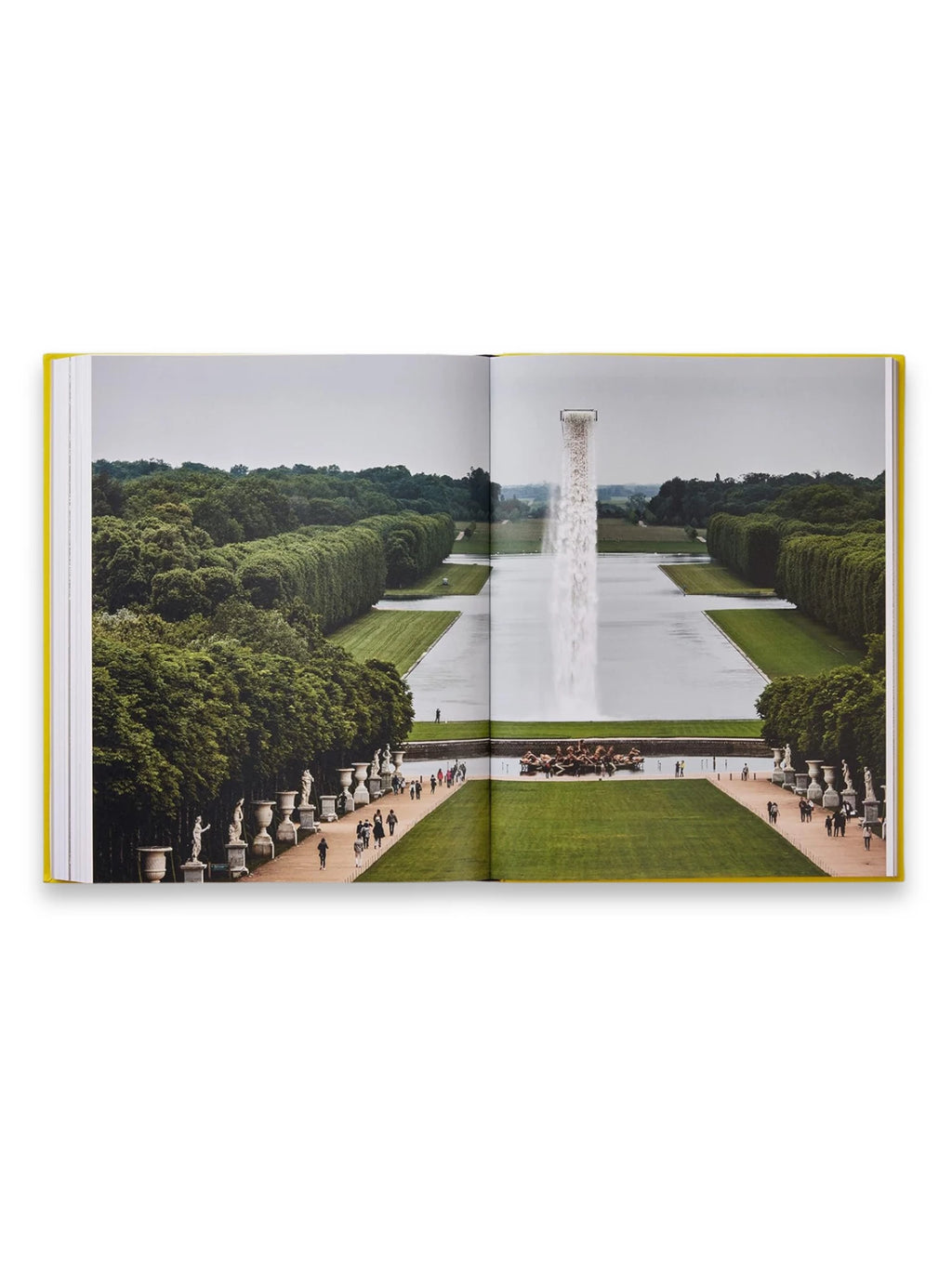 Book Olafur Eliasson, Experience, an open art book displaying a vibrant photograph of a large, perfectly manicured garden with a modern art waterfall installation. This collectible art book is perfect for contemporary art enthusiasts and collectors.