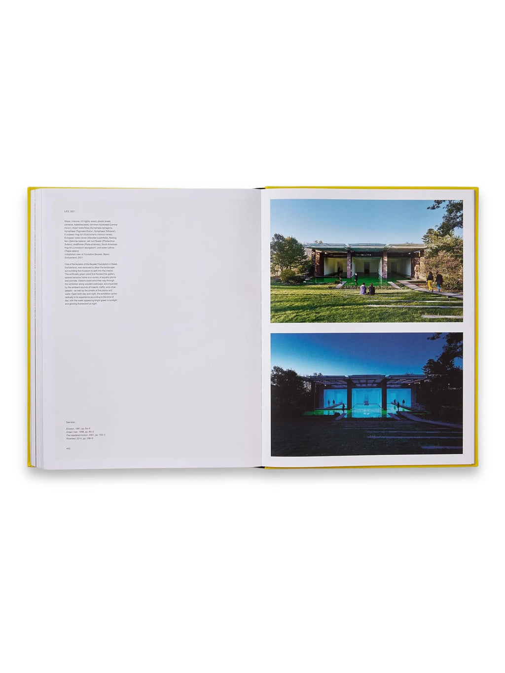 Book Olafur Eliasson, Experience, an open art catalog with a bright yellow cover and elegant white pages, showcasing vibrant installation photographs. This premium art book is perfect for art enthusiasts and collectors seeking insightful documentation of contemporary installations.