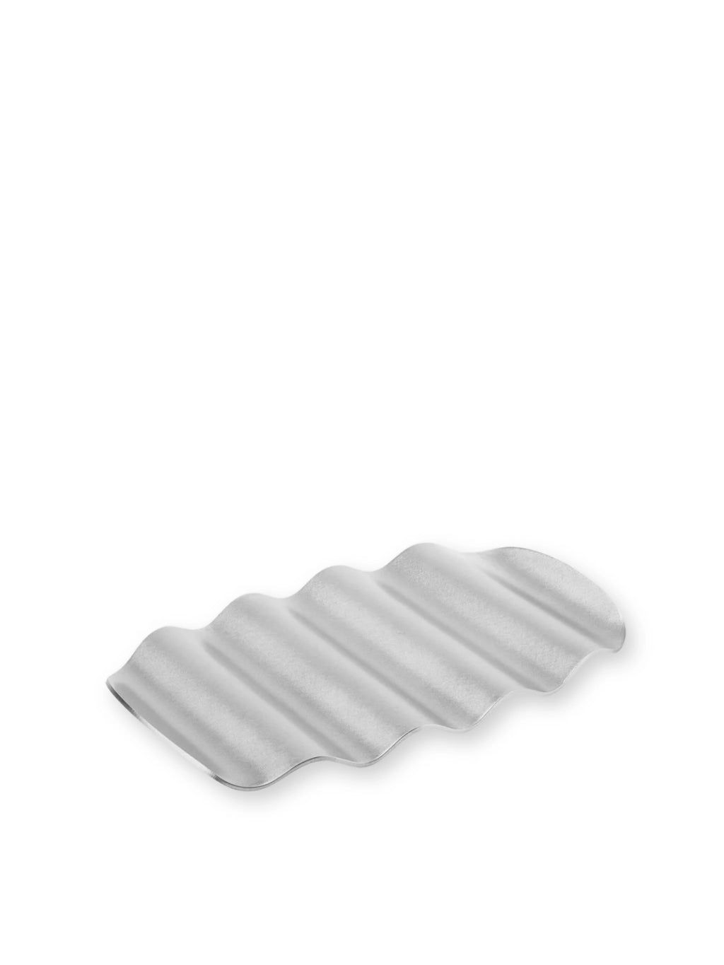 noo.ma Olbi Soap Dish, a modern minimalist bathroom accessory crafted from matte silver metal with a subtle brushed finish and a distinctive wavy, corrugated design. This contemporary metal soap tray is ideal for adding an organic modern touch to Scandinavian bathrooms, minimalist powder rooms, or stylish shelf styling.