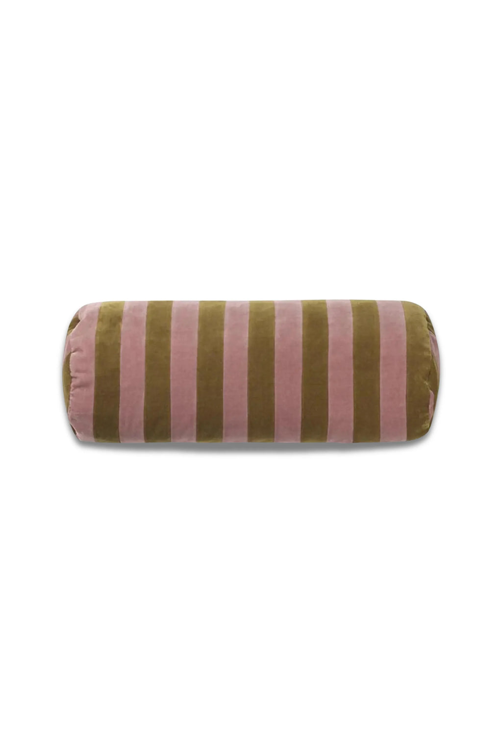 Christina Lundsteen Stripe Bolster Throw Pillow, a luxurious cylindrical velvet bolster cushion featuring bold vertical stripes in soft dusty pink and deep olive green. This plush velvet decorative pillow offers a vibrant accent for contemporary living rooms or eclectic bedrooms, ideal for sofa styling or as a bed accent.