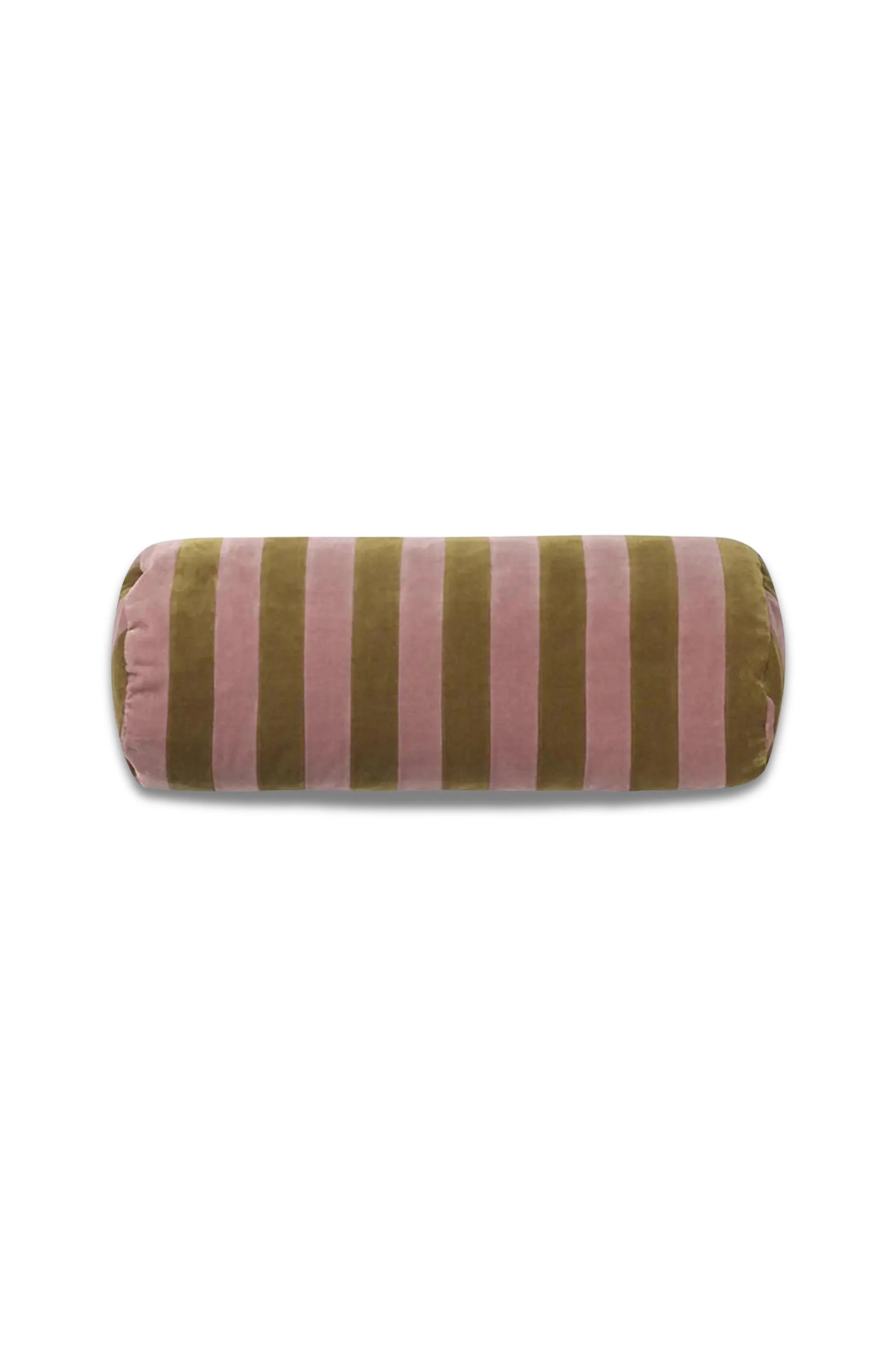 Christina Lundsteen Stripe Bolster Throw Pillow, a luxurious cylindrical velvet bolster cushion featuring bold vertical stripes in soft dusty pink and deep olive green. This plush velvet decorative pillow offers a vibrant accent for contemporary living rooms or eclectic bedrooms, ideal for sofa styling or as a bed accent.