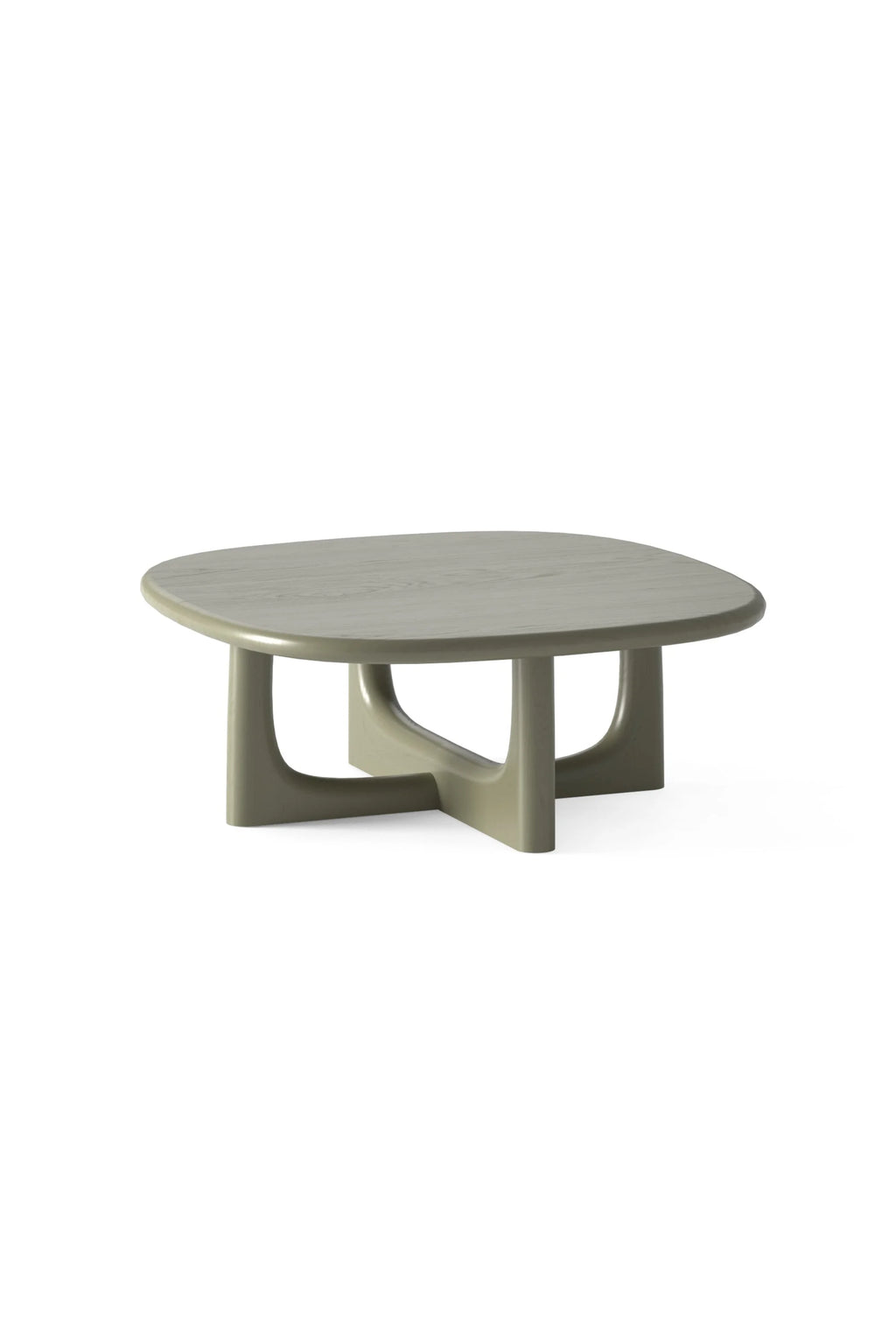 TAMO Olfo Coffee Table: Modern, squarish dark sage green wood table with a rounded top and four curved, thick legs meeting in a cross base, on white. Elevates any contemporary living space.