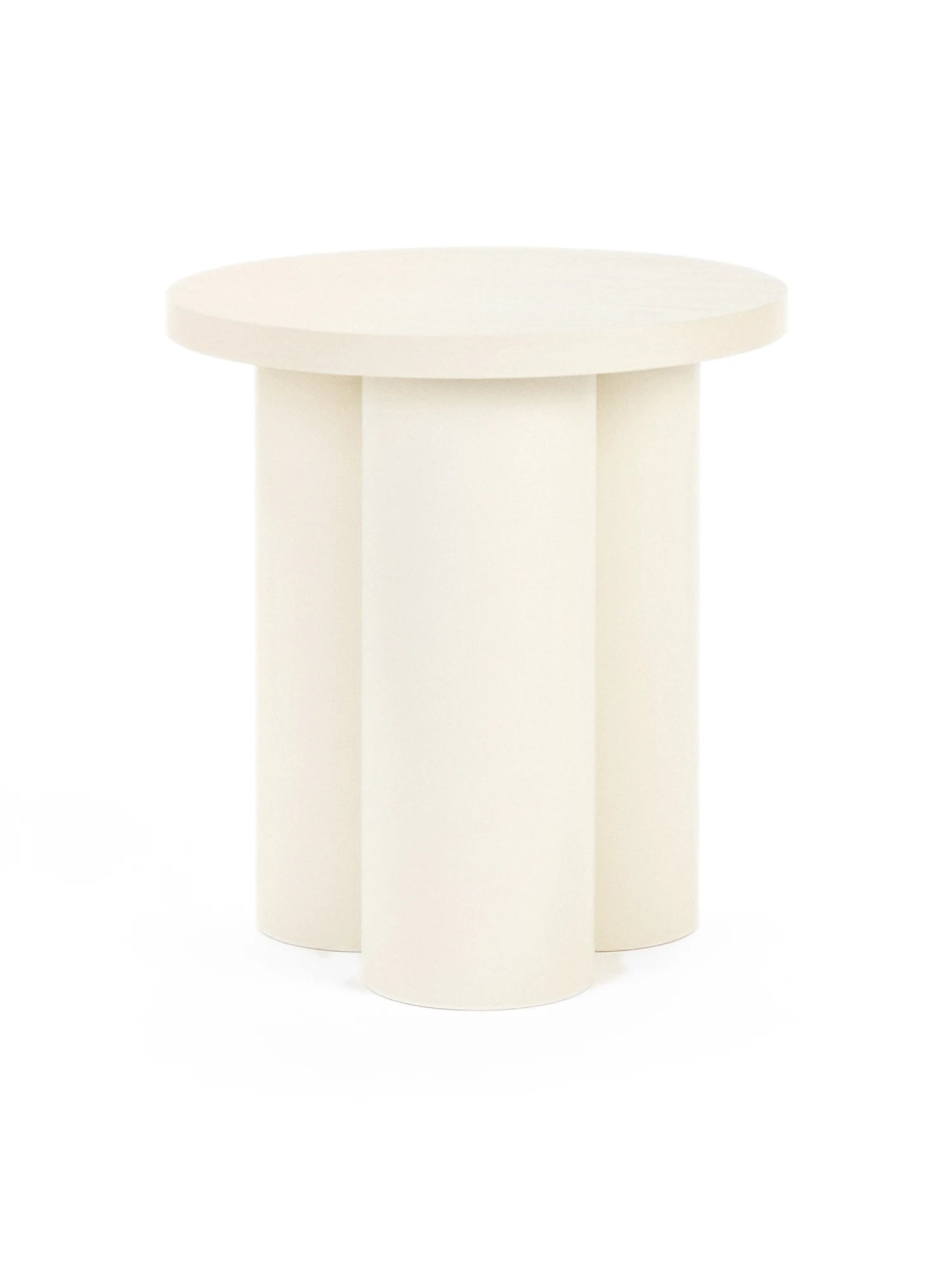 White round table with three cylindrical legs on a white background