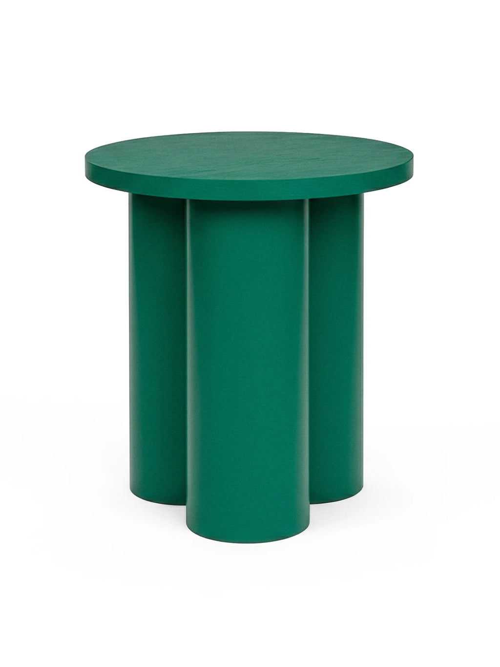 noo.ma Oly Stool, a modern minimalist stool featuring a vibrant emerald green painted wood finish with a sleek round top and three bold cylindrical legs, creating a sculptural and playful silhouette.