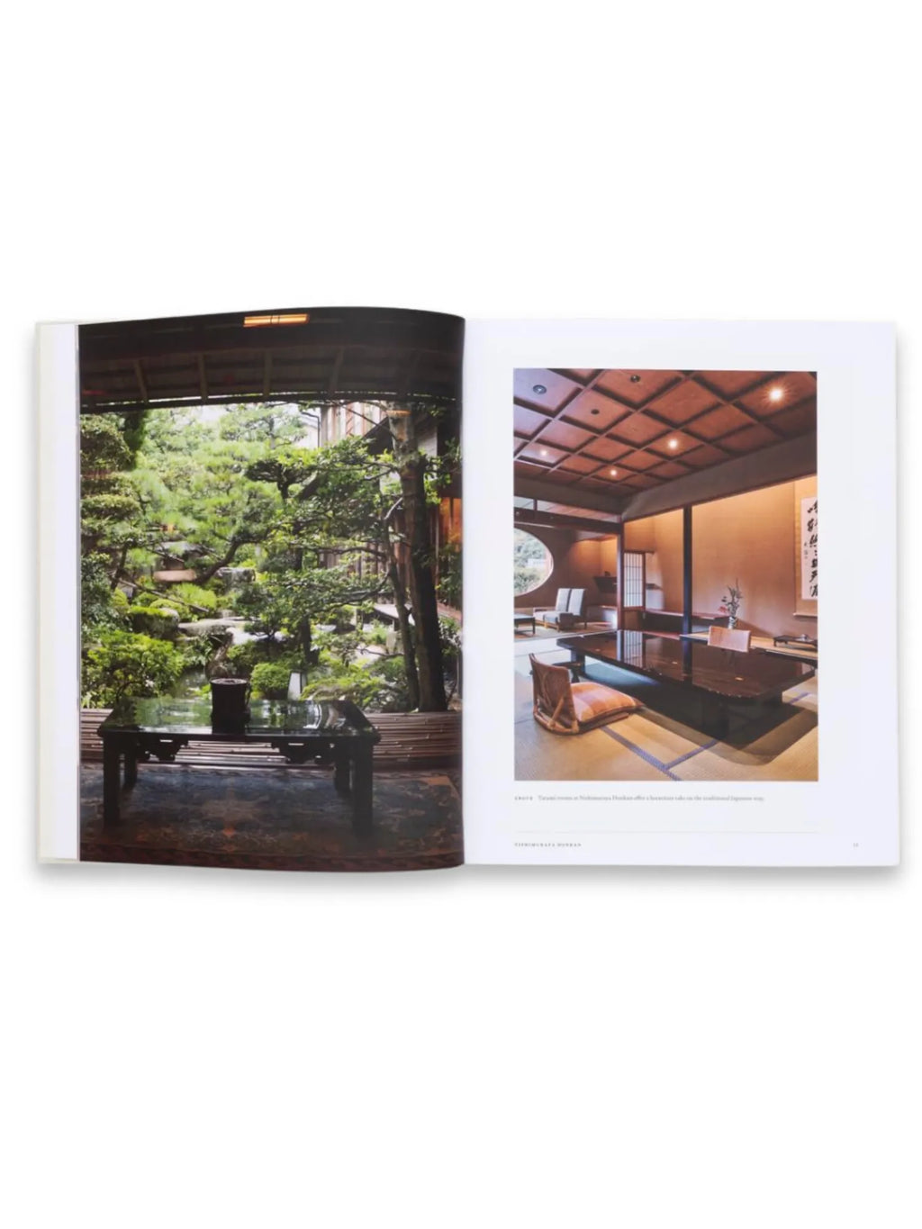 Book Onsen and Ryokan of Japan, an open premium hardcover book displaying stunning glossy pages with vibrant photography of traditional Japanese landscapes and interiors. This beautiful travel and culture book is perfect for enthusiasts of Japanese architecture, design, and serene destinations.
