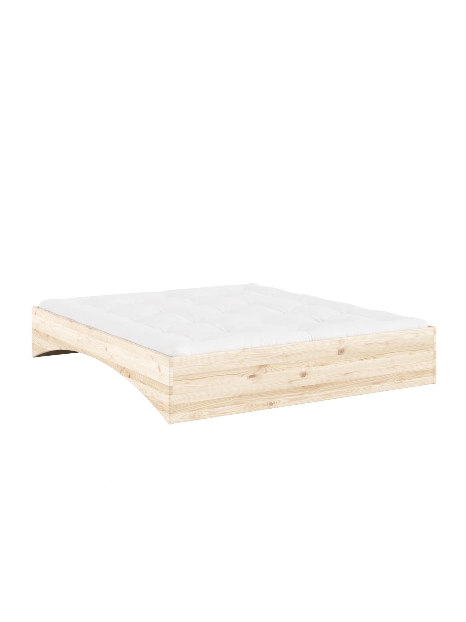 Orbit Bed Karup Design. Wooden bed frame with a white mattress on a white background