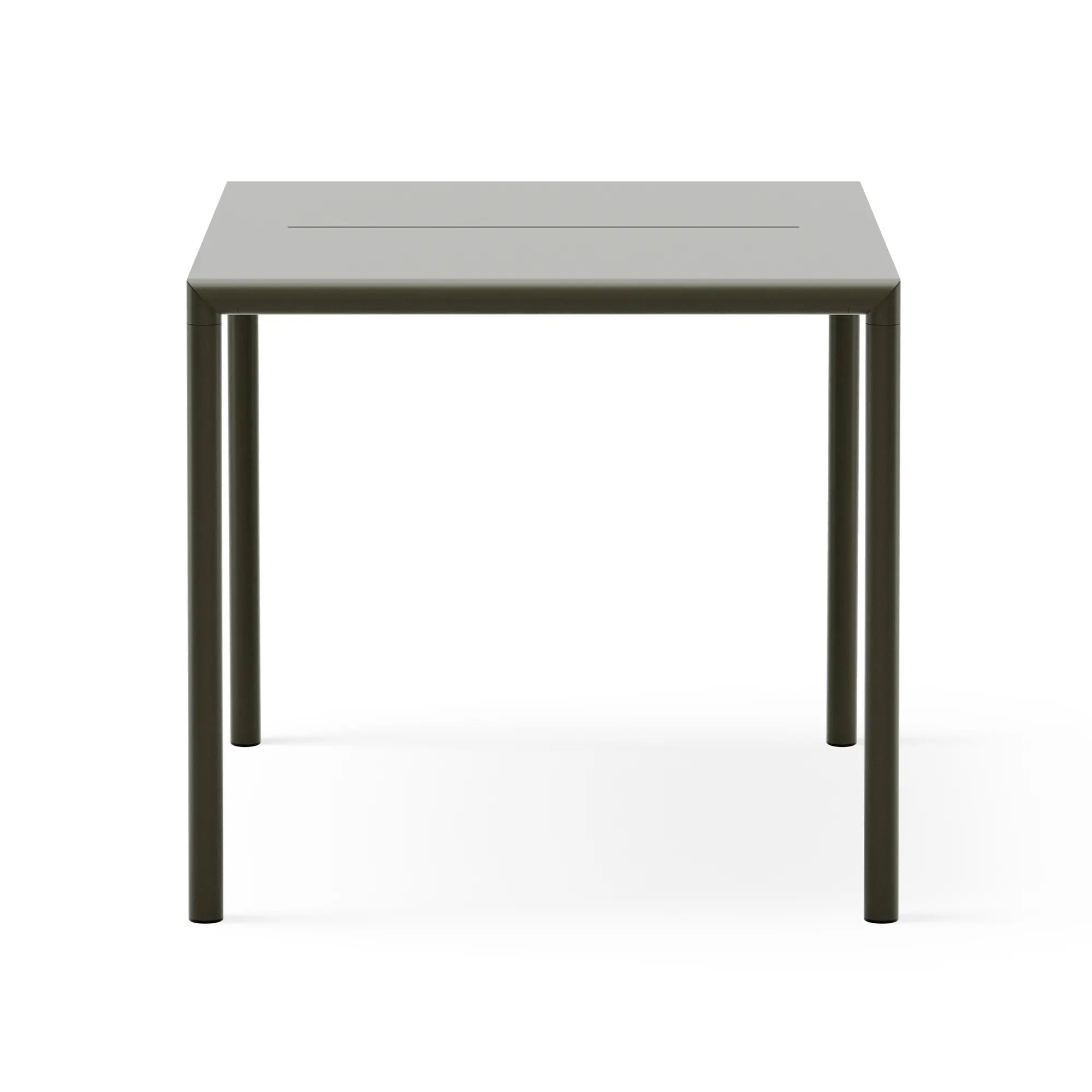  Outdoor may table with built-in umbrella providing shade for outdoor dining