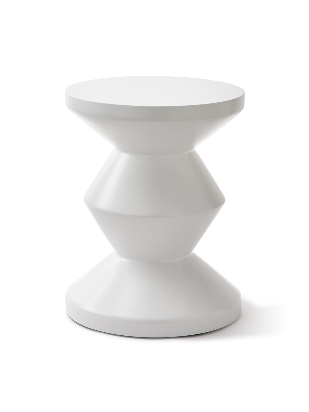 POLSPOTTEN Outdoor Zig Zag Stool, a crisp white outdoor stool featuring a distinctive zig-zag hourglass silhouette and smooth matte finish, crafted from durable resin. This modern sculptural accent piece functions perfectly as a contemporary outdoor side table or garden stool for minimalist patios and balconies.