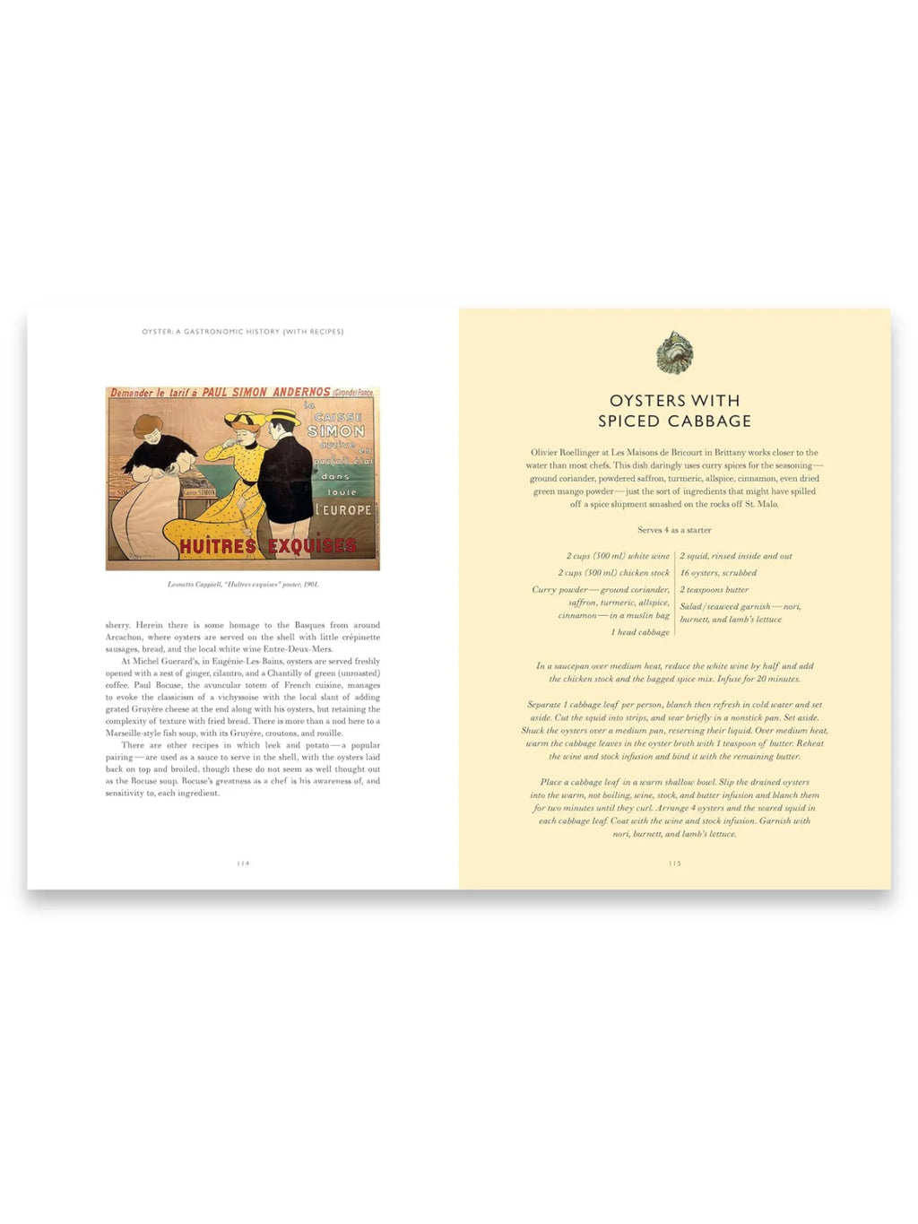 Book Oyster: A Gastronomic History, an open culinary history book with a vintage French "Huitres exquises" poster on the left page and a recipe for "Oysters with Spiced Cabbage" on the cream-colored right page. This premium cookbook is perfect for food history enthusiasts and home chefs seeking gourmet seafood recipes.