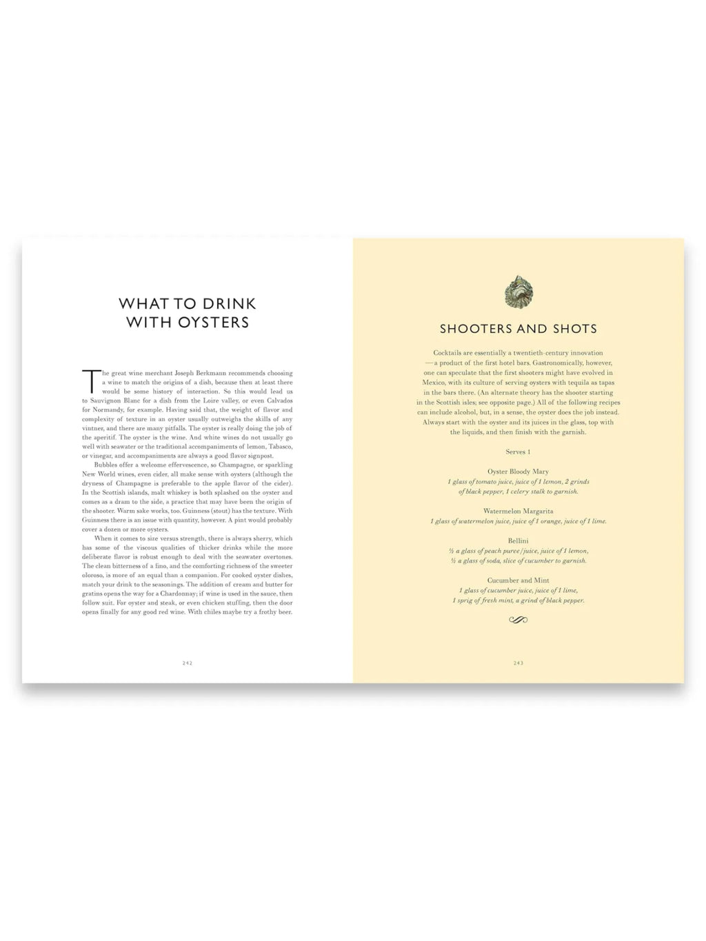 Book Oyster: A Gastronomic History, an open culinary book displaying clean, cream-colored pages with crisp black text featuring "What to Drink with Oysters" and "Shooters and Shots" sections. This essential cookbook offers expert beverage pairings and cocktail recipes for seafood lovers and home chefs.