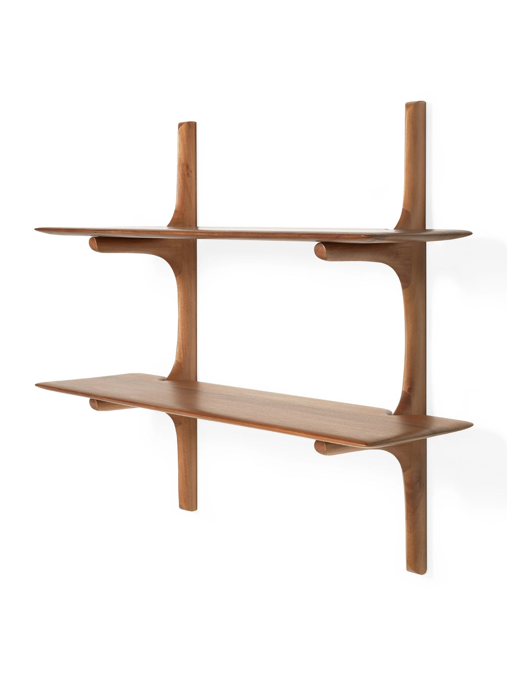 Ethnicraft PI Wall Shelf, a warm brown solid teak wood wall shelf featuring a distinctive organic and sculptural design with smooth, fluid lines. This contemporary two-tier shelving unit showcases elegantly curved vertical supports that seamlessly integrate with the thin, tapered shelves, highlighting the natural wood grain. Ideal for mid-century modern or Scandinavian interiors, perfect for living room display, bedroom storage, or a minimalist home office.