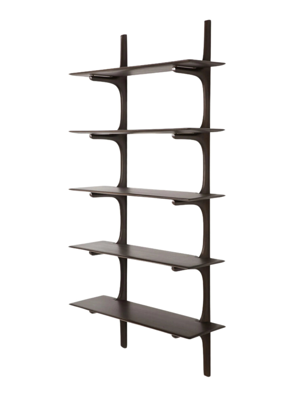 Ethnicraft PI Wall Shelf, a striking dark brown solid teak wall-mounted shelving unit featuring five sleek, horizontally aligned shelves supported by unique, organically curved vertical uprights. The sculptural, minimalist design and rich wenge-stained finish create a contemporary architectural aesthetic. Perfect for displaying books or decor in organic modern living rooms, minimalist home offices, or elegant bedrooms.