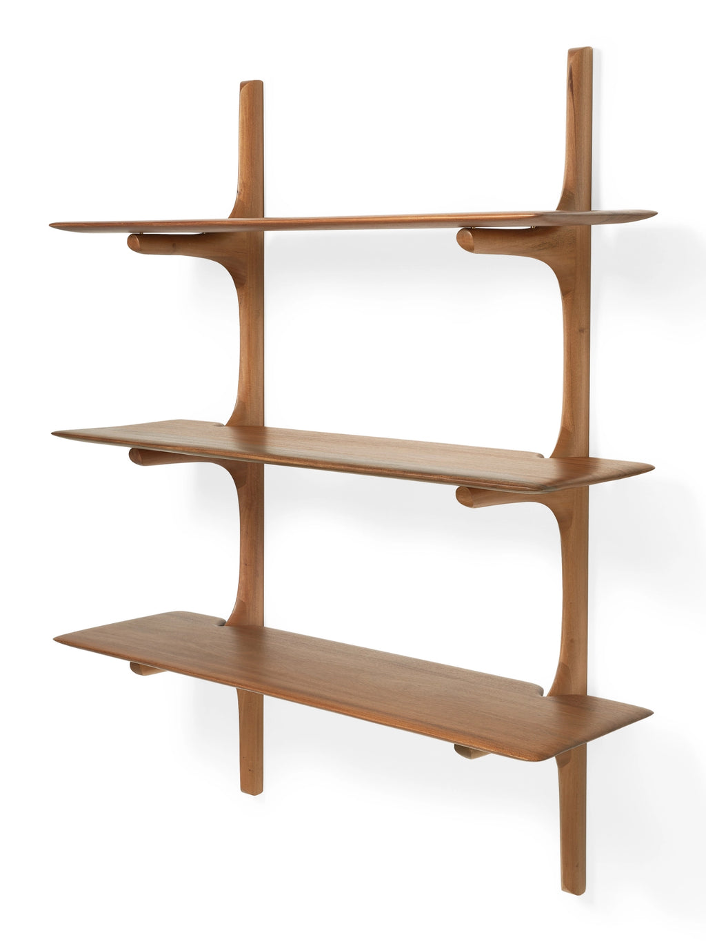 Ethnicraft PI Wall Shelf, a sculptural mid-century modern wall shelving unit crafted from warm brown solid wood with a smooth, natural finish.