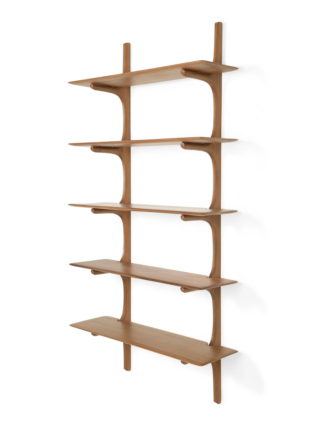 Ethnicraft PI Wall Shelf, a sculptural mid-century modern wall-mounted shelving unit crafted from smooth, natural solid teak wood with a warm brown finish. It features five gently curved shelves and organic uprights, creating a fluid, integrated design perfect for contemporary display and storage. Ideal for Scandinavian living rooms, organic modern home offices, or minimalist bedroom accents.