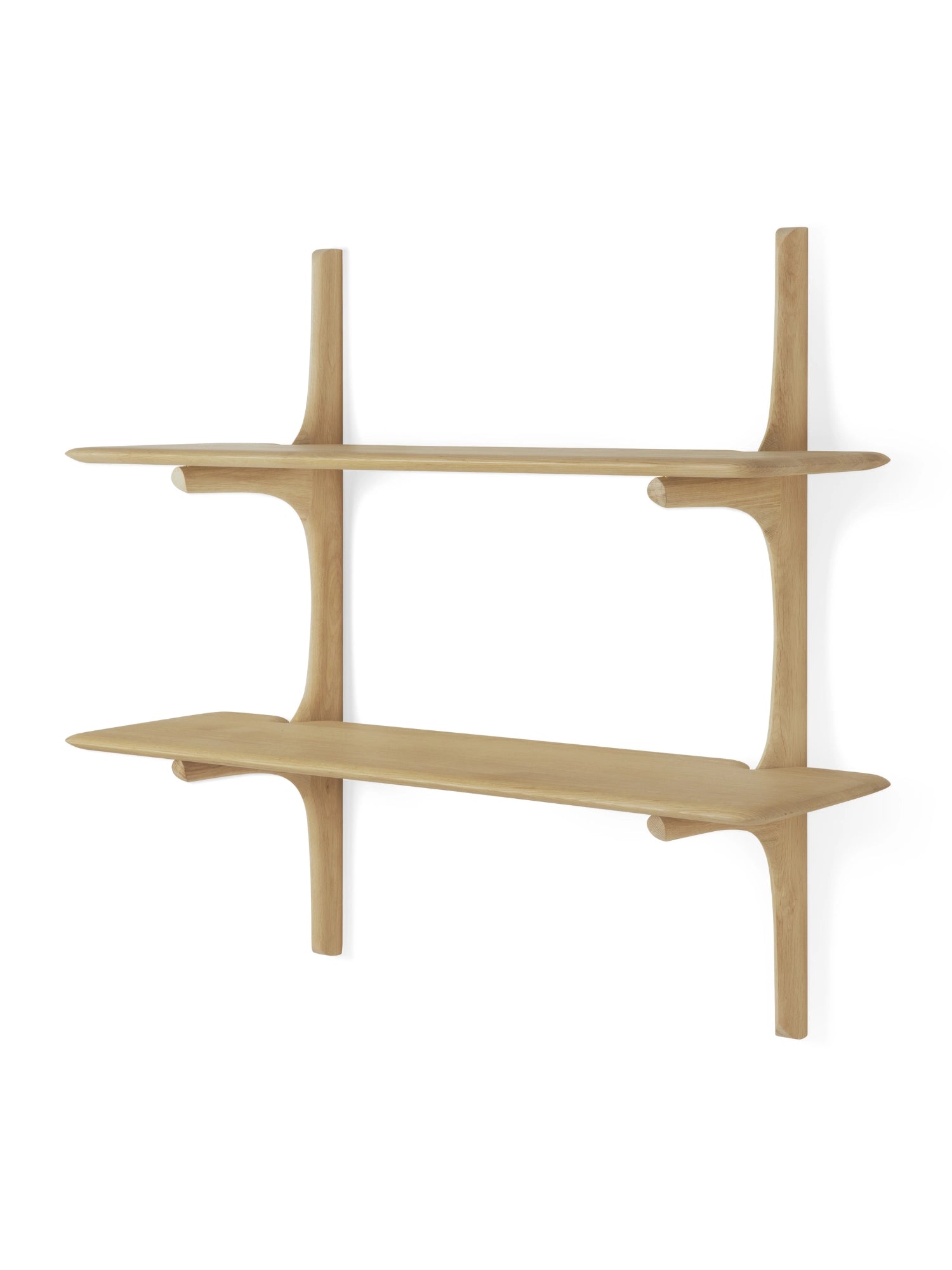 Ethnicraft PI Wall Shelf, a two-tiered organic modern wall shelf crafted from natural solid oak wood, featuring smooth, rounded edges and sculptural, fluid supports that create a distinctive PI shape. The light oak finish highlights the natural wood grain, offering a warm, minimalist aesthetic. Ideal as a contemporary display shelf for living rooms, bedrooms, or modern home office storage.