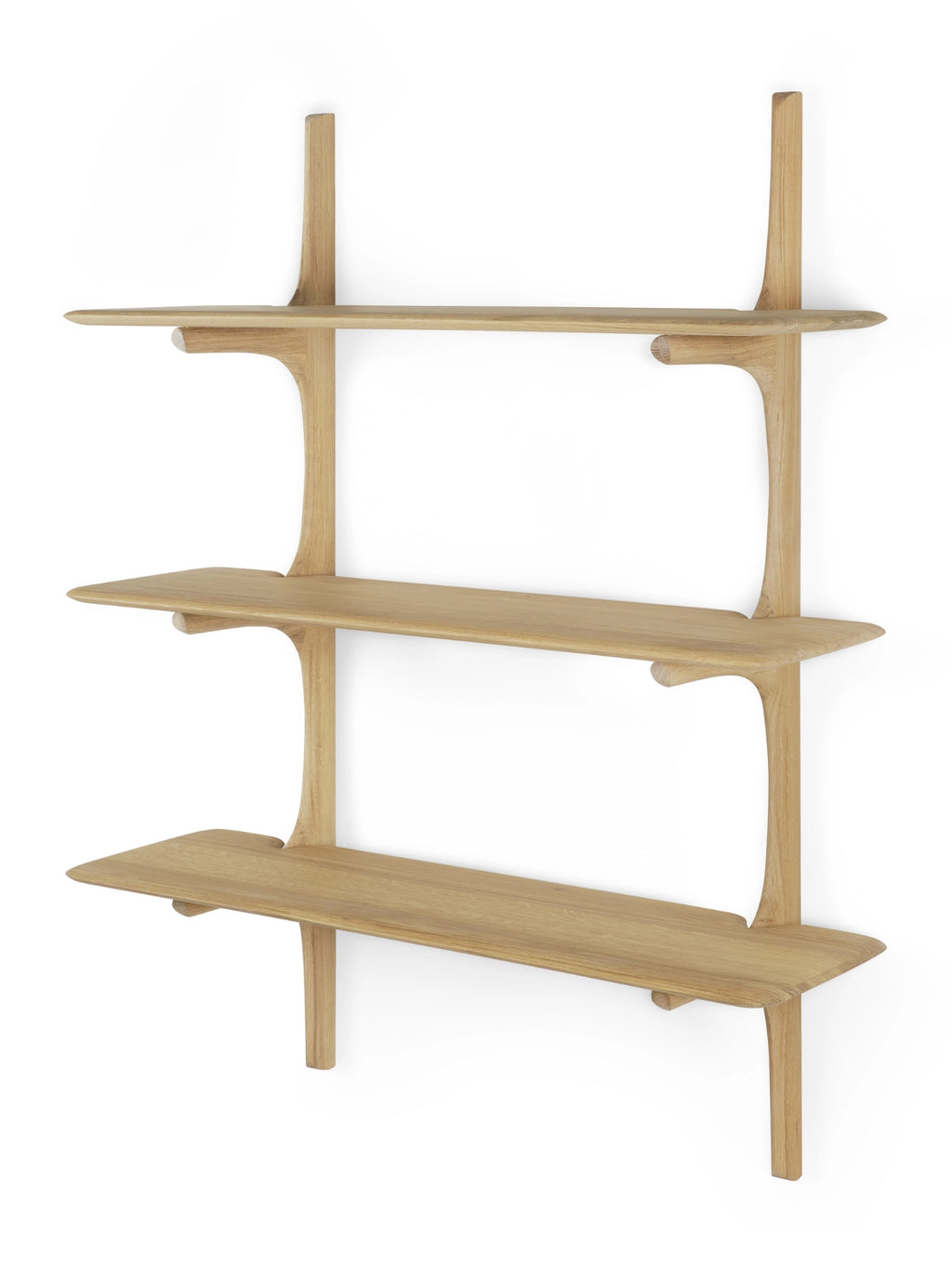 Ethnicraft PI Wall Shelf, an organic modern solid oak wall shelf featuring three fluidly shaped shelves and sculpted uprights in a natural wood finish. This contemporary Scandinavian floating shelving unit offers minimalist display storage for living rooms, bedrooms, or a stylish home office.