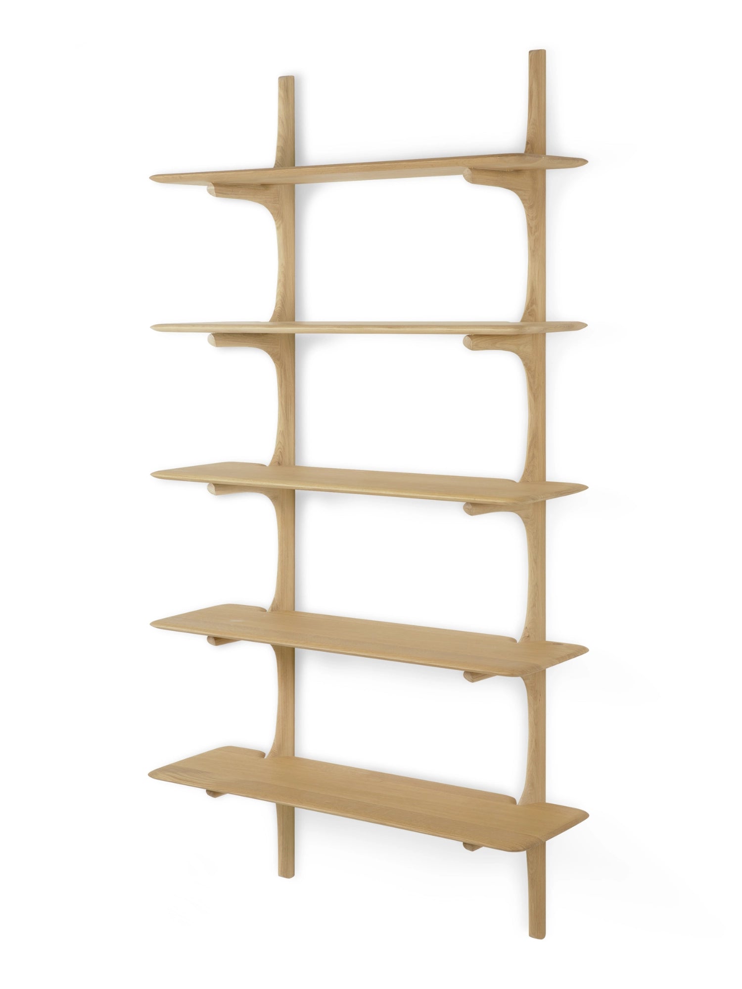 Ethnicraft PI Wall Shelf, a contemporary solid oak wall shelf featuring a unique organic design with fluid, curved shelves and integrated vertical supports in a natural light wood finish. This minimalist and sculptural shelving unit is perfect for adding stylish storage to living rooms, bedrooms, or home offices.