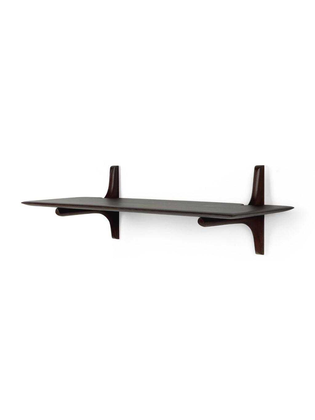 Ethnicraft PI Wall Shelf, a rich dark brown solid wood floating shelf featuring a smooth, matte finish and distinctive organic, sculptural brackets that seamlessly support the sleek shelf. This mid-century modern design offers a minimalist aesthetic and elegant lines. Ideal for contemporary living room display, Scandinavian entryway organization, or a refined bedroom accent.