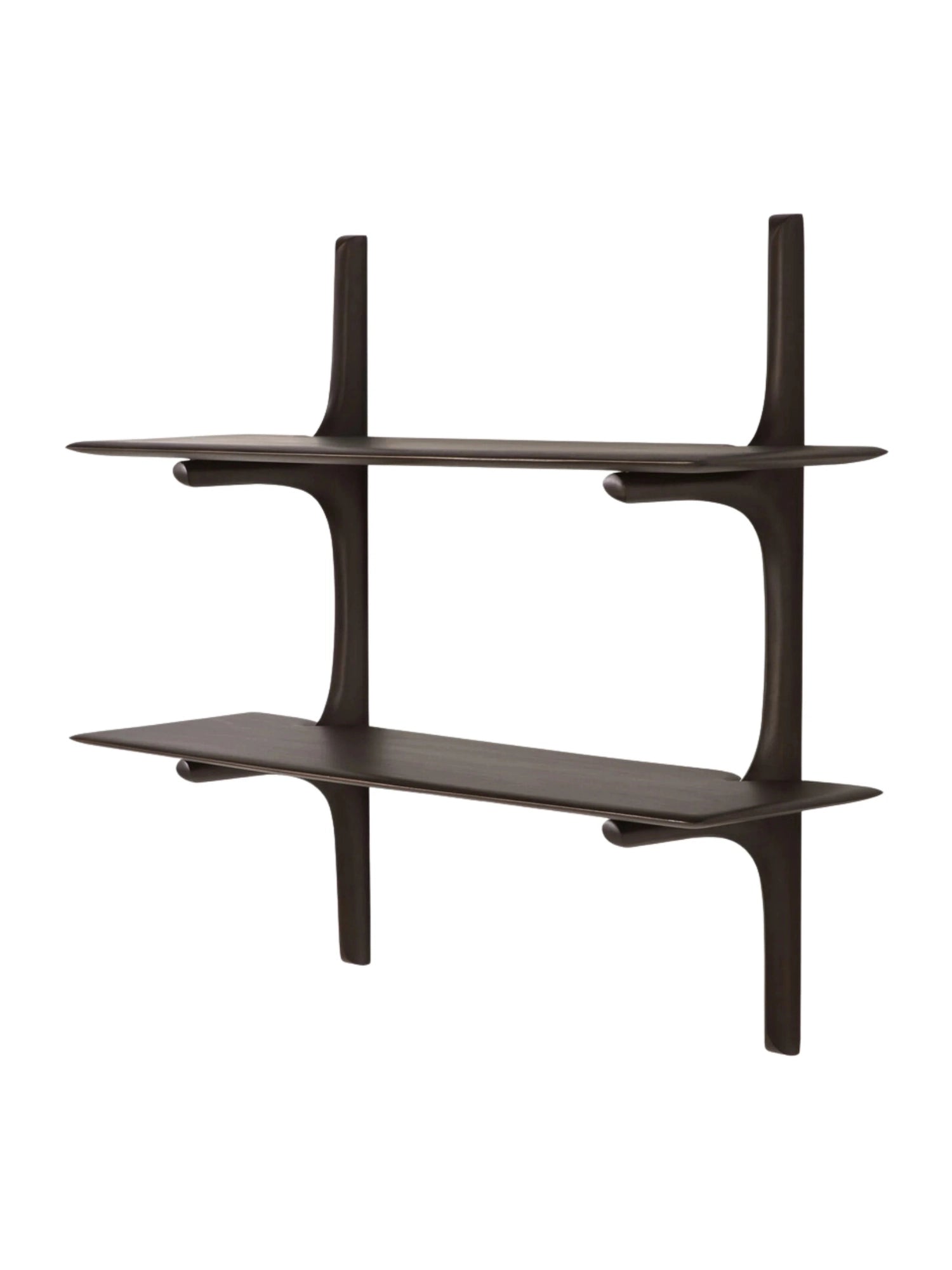 Ethnicraft PI Wall Shelf, a dark black-stained solid oak wall shelf featuring two elegantly curved, organic-shaped shelves supported by flowing, sculptural uprights.