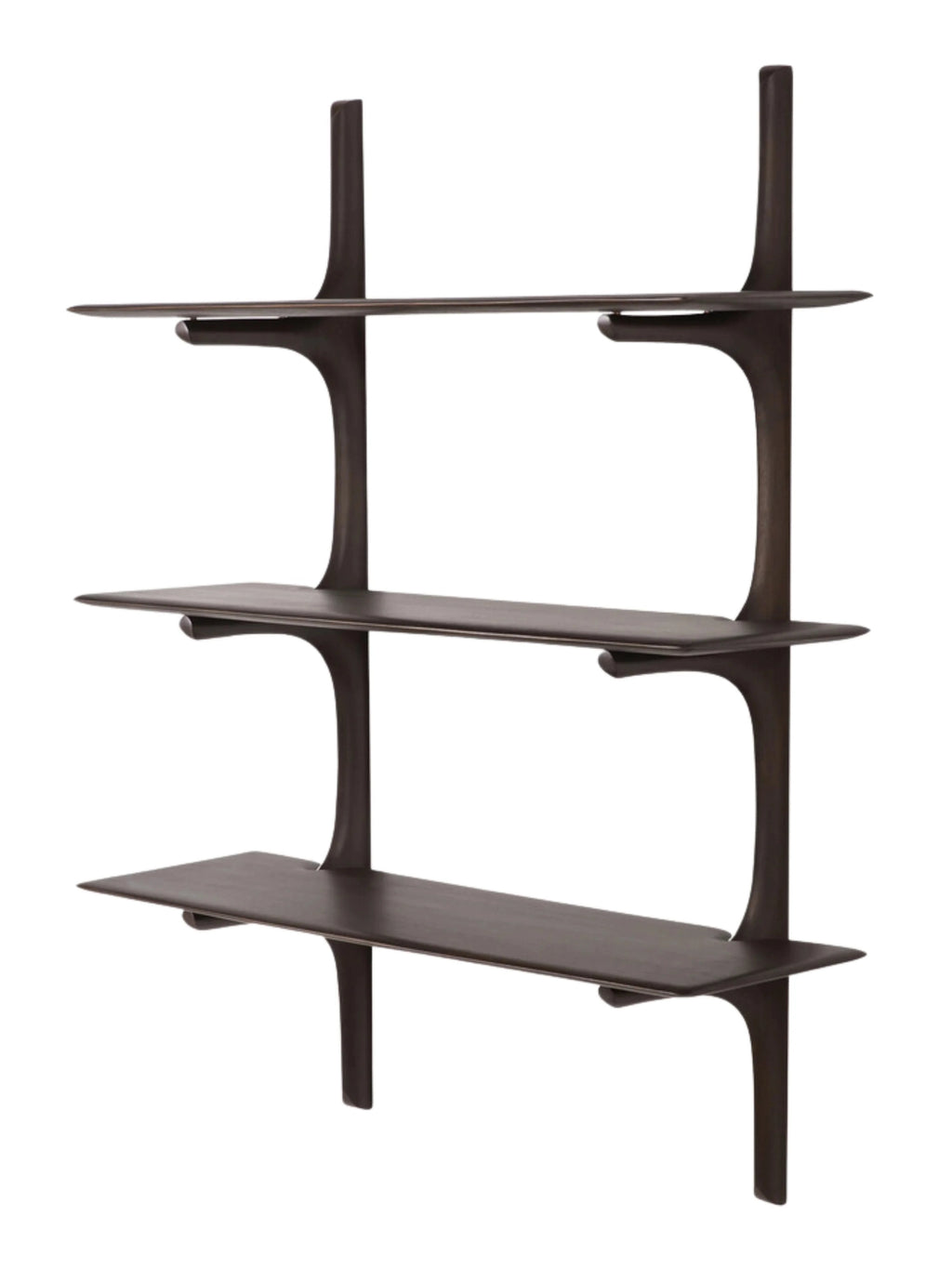 Ethnicraft PI Wall Shelf, a modern minimalist three-tier shelving unit crafted from dark solid wood with an espresso finish, featuring sleek, thin shelves and distinctively organic, sculptural support structures. This contemporary wall shelf is perfect for adding elegant storage and display in a living room, home office, or bedroom, complementing organic modern and minimalist interiors.