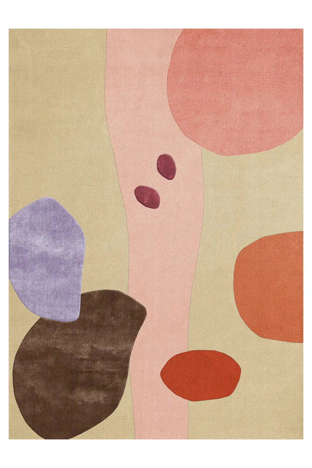 Layered Magical Garden Wool Rug, a contemporary abstract area rug featuring organic shapes in pastel pink, purple, orange, and brown on a beige background. Perfect for adding a modern, artistic tou...