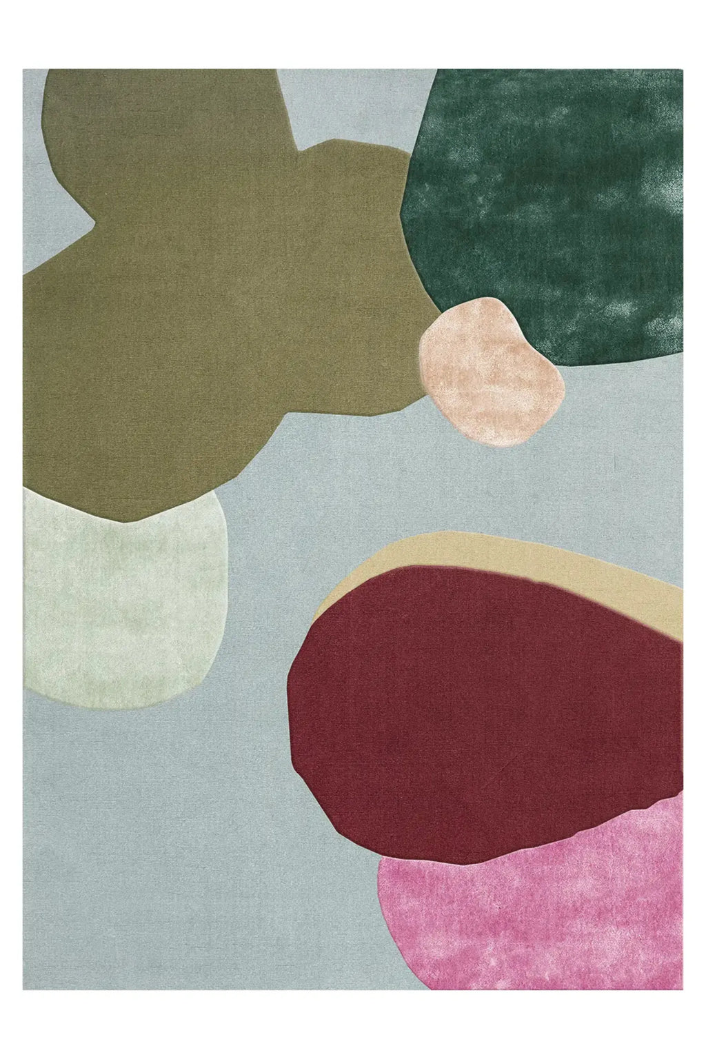 Layered Sleeping Flower Wool Rug, featuring an abstract organic pattern in sage green, dark green, light pink, burgundy, and light yellow shapes on a light blue background. Perfect for adding a mod...