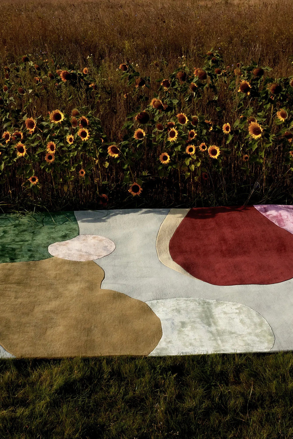 Layered Sleeping Flower Wool Rug, a unique abstract area rug featuring organic shapes in muted tones of green, beige, burgundy, and light gray. This luxurious wool rug adds modern artistic flair to...