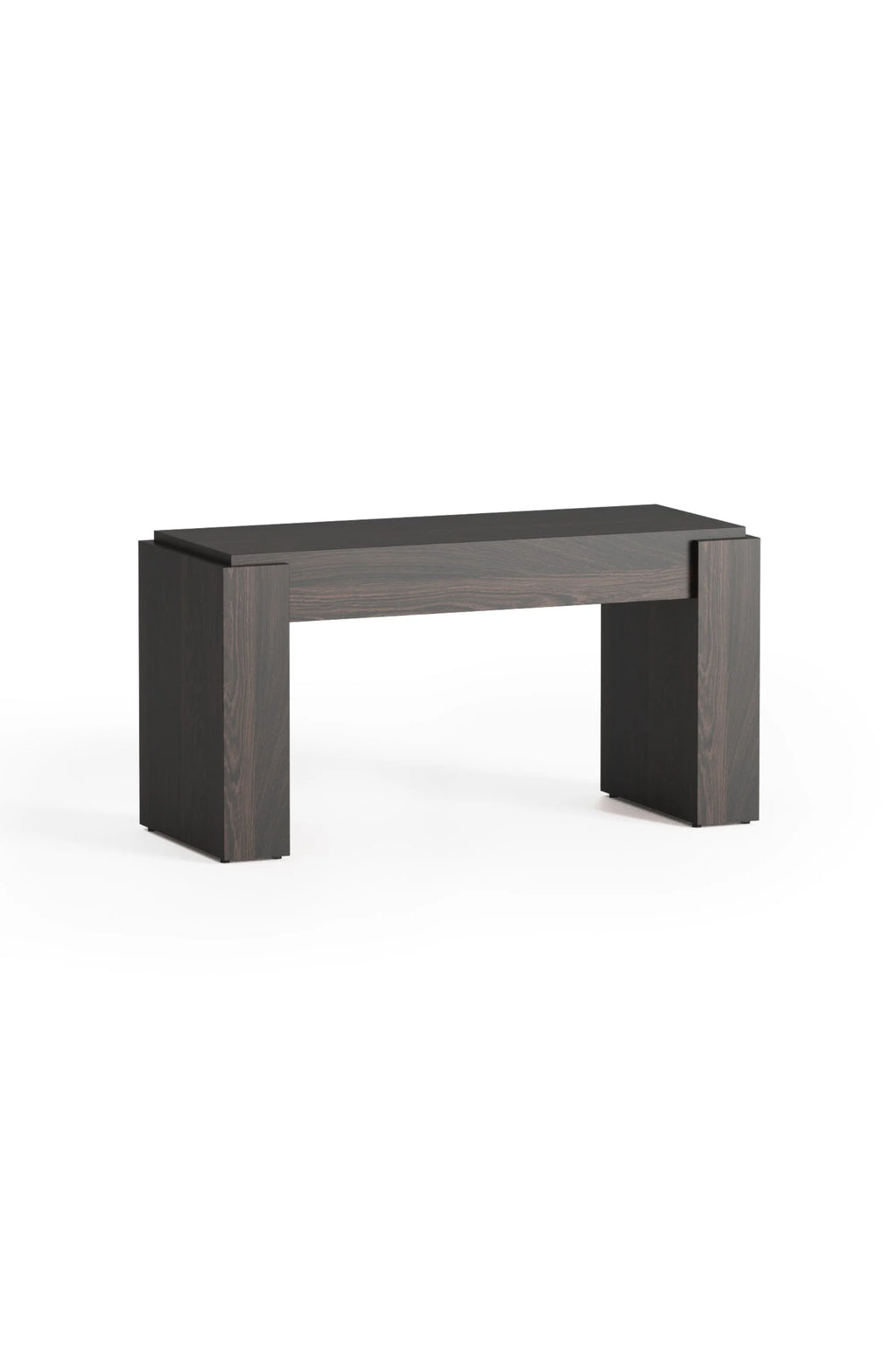 TAMO Pura 80 Bench with a dark brown, almost black, wood grain finish. This premium contemporary bench, shot on a white background, features a streamlined design with wide, sturdy legs. Ideal for modern interior styling.