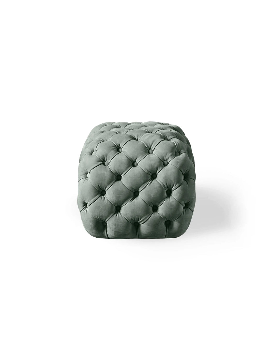 Hessentia Turtle Pouf, a luxurious square pouf upholstered in plush sage green velvet with deep button tufting and a classic Chesterfield-inspired design. Its soft, rounded silhouette makes it an elegant accent piece for living rooms, bedrooms, or glam interiors.