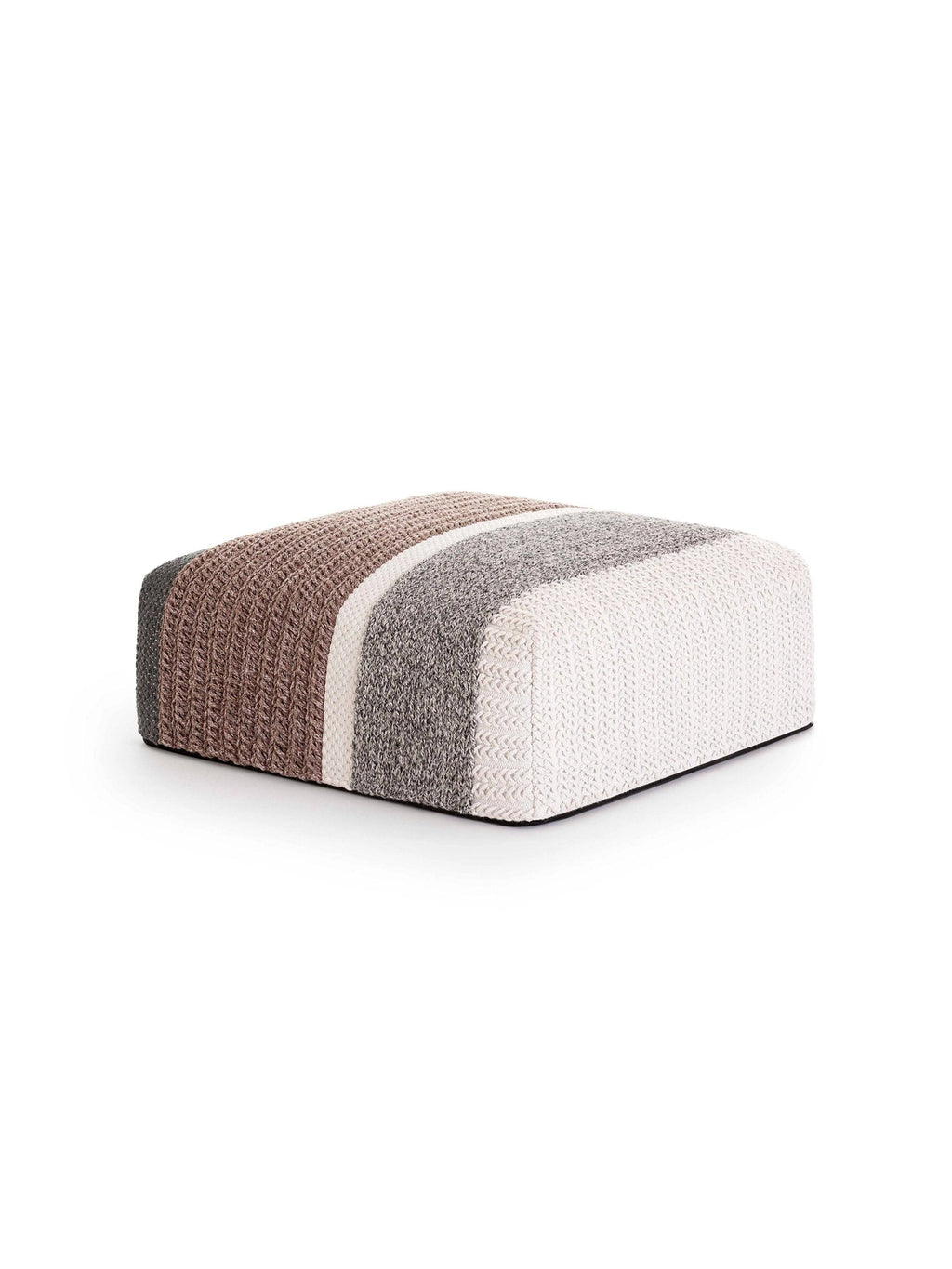 GAN Rugs Mangas Outdoor Pouf - Multicolor, a rectangular outdoor pouf featuring a chunky hand-knitted textile in a striking multicolor stripe pattern of dark grey, brown, light grey, and off-white. This soft, textured ottoman offers casual seating or a footrest, perfect for modern outdoor living spaces, patios, or contemporary balconies.