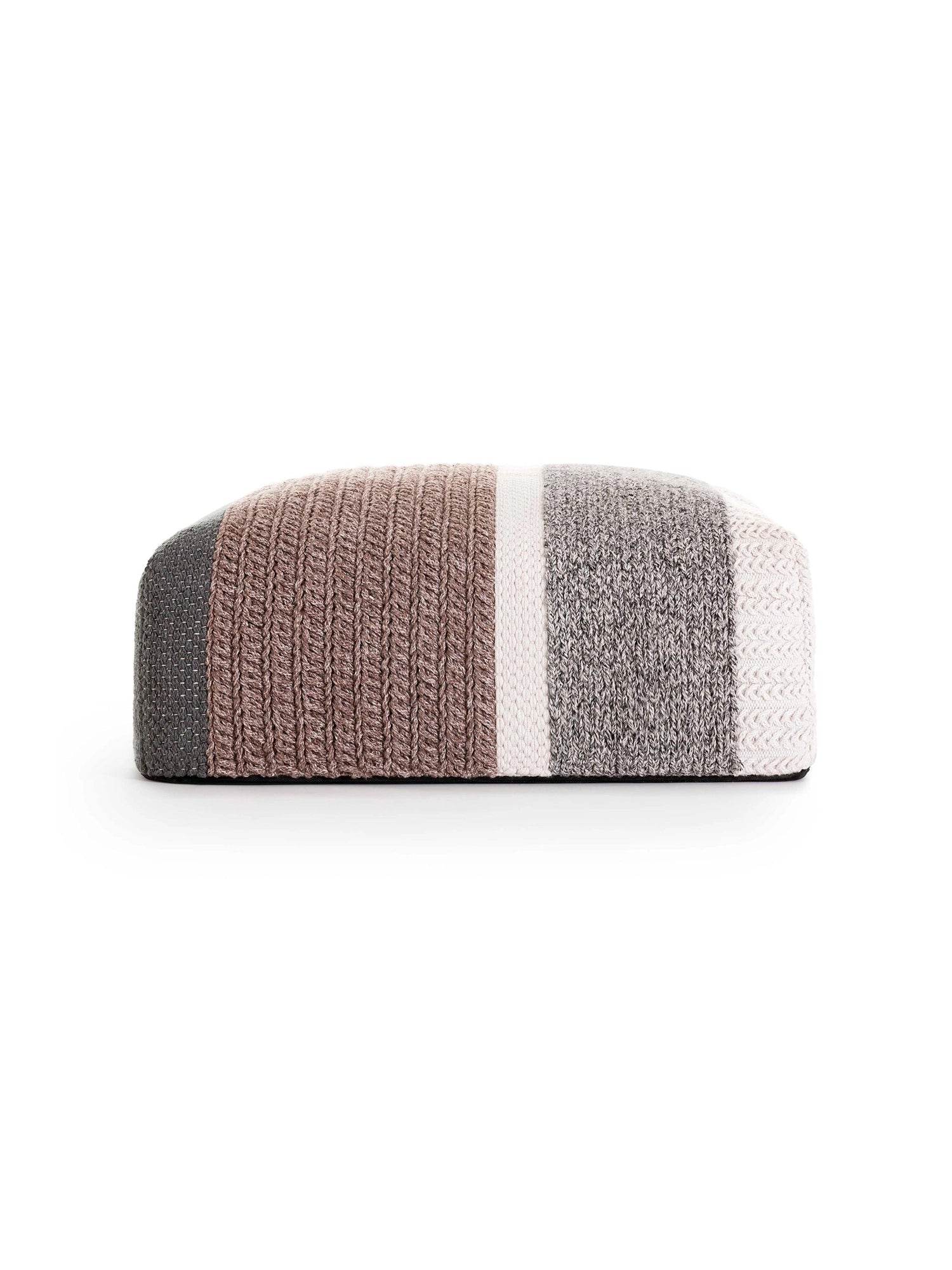 GAN Rugs Mangas Outdoor Pouf - Multicolor, a modern rectangular outdoor pouf with rounded edges, featuring a rich hand-knitted texture in a contemporary striped design.
