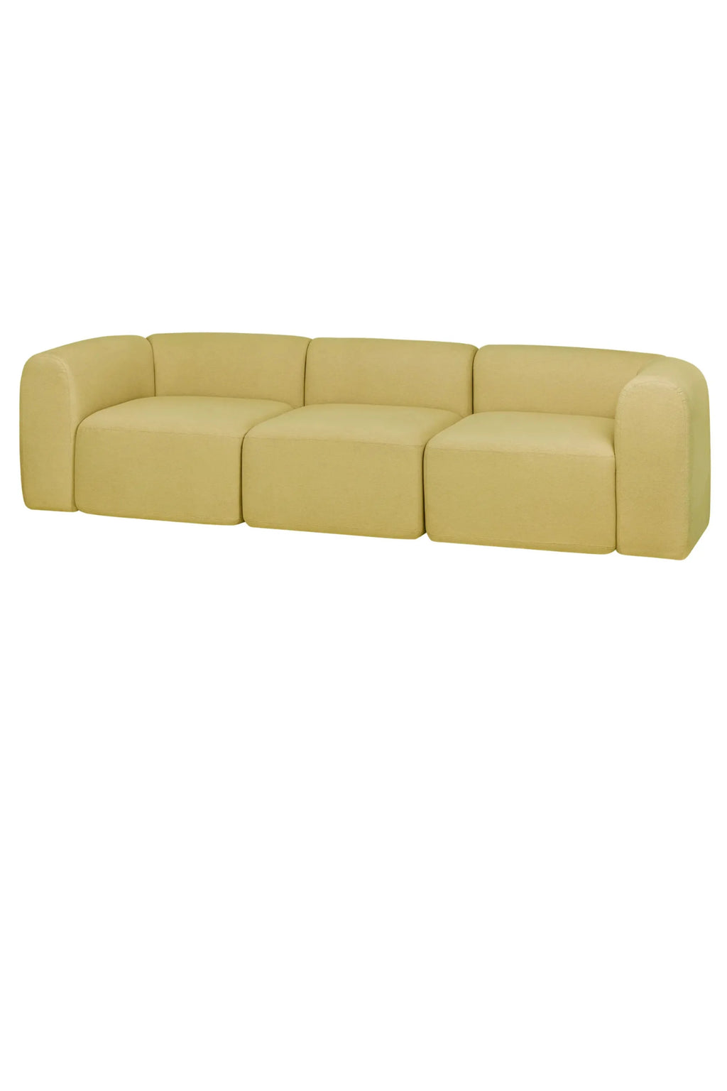 noo.ma Flom 3-Seater Sofa, a contemporary modular sofa upholstered in a pale lime green soft fabric, featuring a low-profile design, deep seating, and gently rounded edges on its three distinct sections. This organic modern sectional sofa is perfect for minimalist living rooms or spacious contemporary lounge areas.