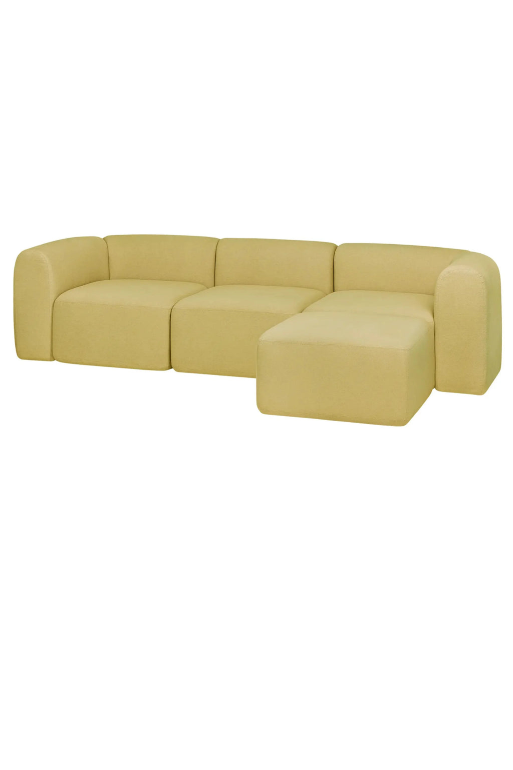 noo.ma Flom Corner Sofa, a contemporary modular sectional sofa upholstered in a soft light chartreuse bouclé fabric, featuring a low-profile design with rounded arms and backrests. Its plush, inviting silhouette and organic modern curves create a cozy yet sophisticated aesthetic. Ideal for modern minimalist living rooms or spacious open-plan contemporary interiors seeking a comfortable statement piece.