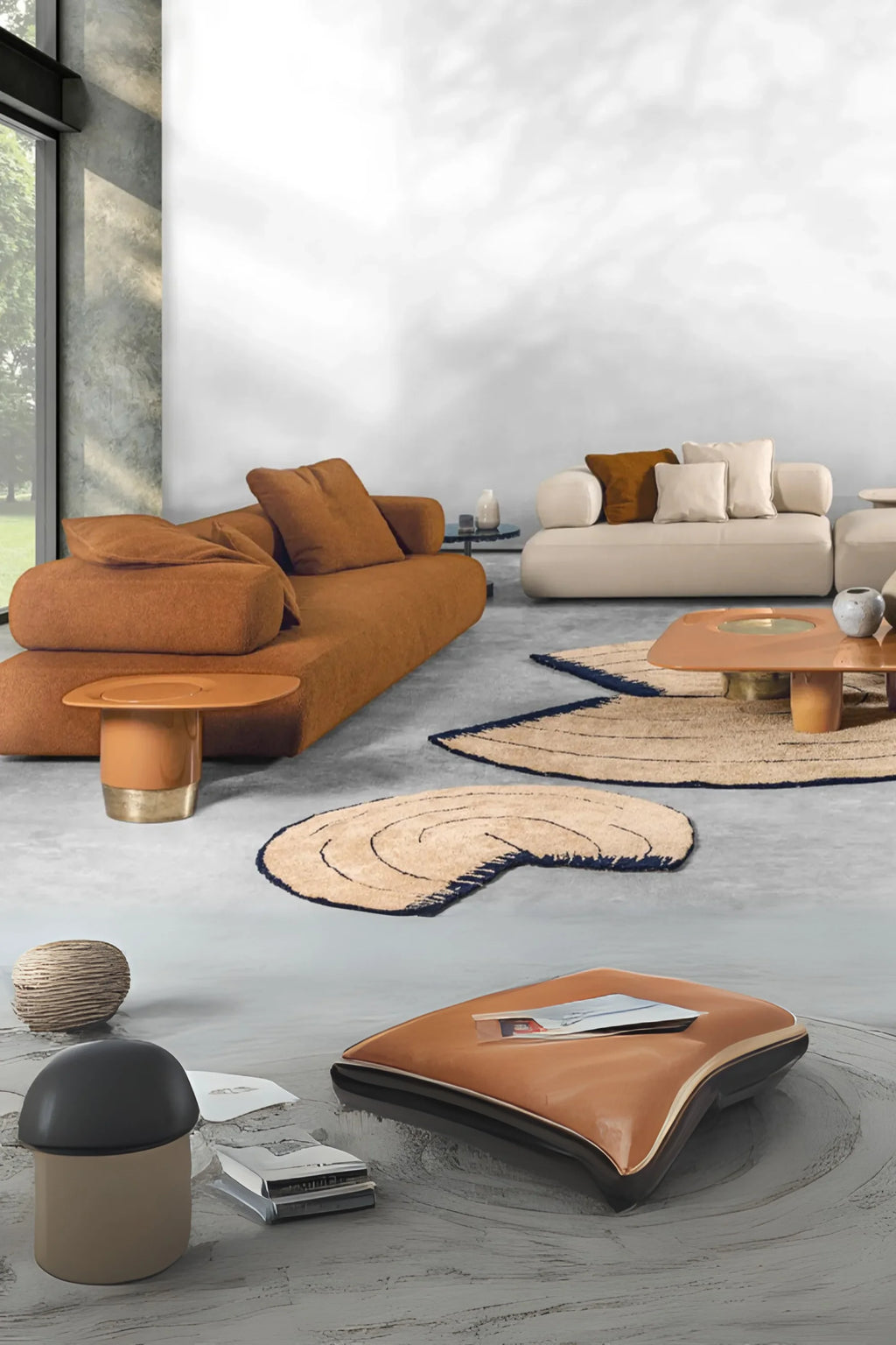 Hessentia Cholet Sofa, a luxurious organic modern modular sofa upholstered in a rich burnt orange textured fabric, featuring plush, rounded cushions and a distinctive low-profile design.