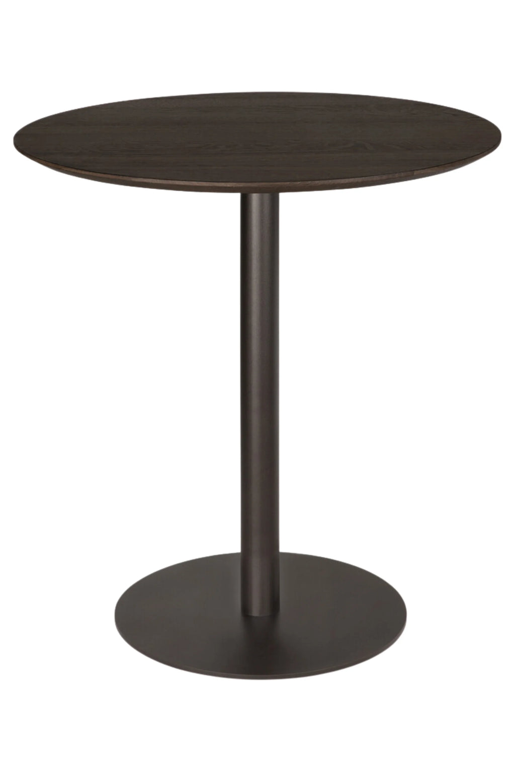 Ethnicraft Blend Round Dining Table, a modern minimalist round dining table showcasing a rich dark brown solid oak wood tabletop with a subtle natural grain. Its sleek design is supported by a sturdy cylindrical pedestal base and a flat round disk base, both finished in a matte black metal for an industrial chic touch. Ideal as a contemporary kitchen table or for a sophisticated dining room, offering clean lines and robust construction.
