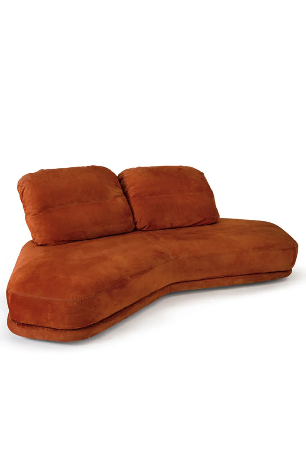 Hessentia Cliff Sofa, an organic modern curved sofa featuring plush burnt orange suede-like upholstery and a distinctive low-profile, serpentine silhouette with two soft back cushions. This contemporary chaise lounge provides luxurious comfort and a bold design statement, perfect for an inviting living room or stylish lounge area.
