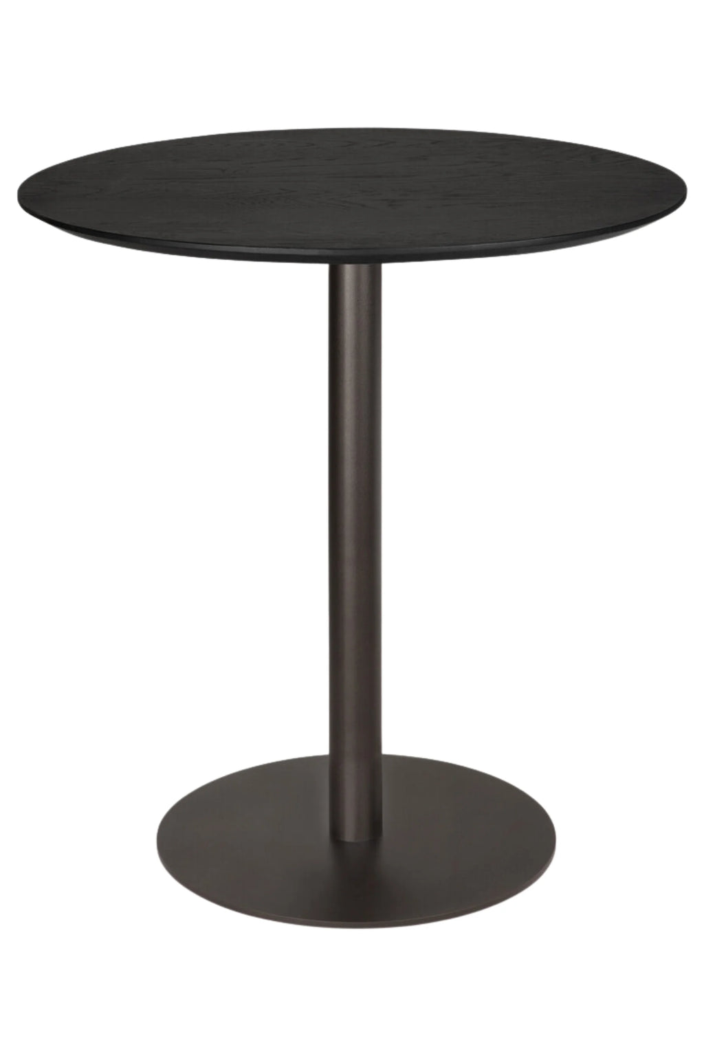 Ethnicraft Blend Round Dining Table, a modern minimalist dining table featuring a sleek black stained solid wood round tabletop with visible wood grain, supported by a sturdy dark matte black metal pedestal base and matching round foot.