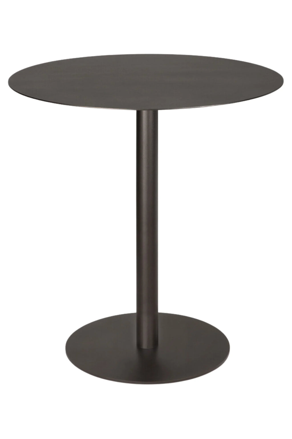 Ethnicraft Blend Round Dining Table, a sleek modern minimalist dining table crafted entirely from dark grey metal with a smooth matte finish.