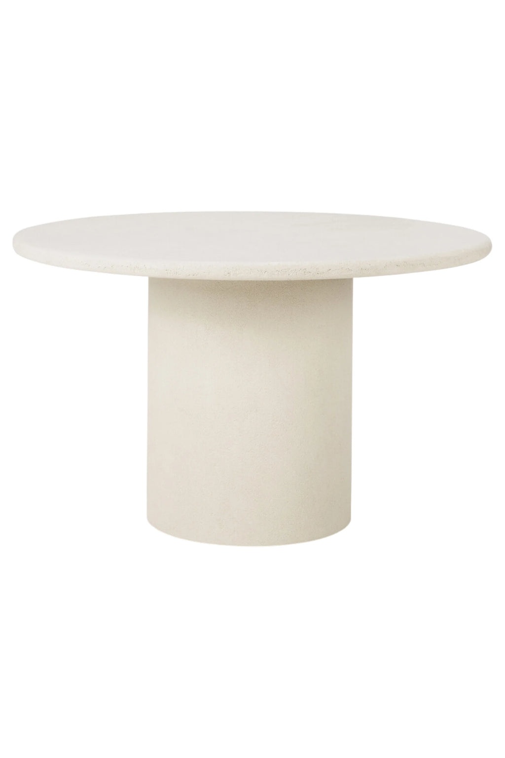 Ethnicraft Elements Dining Table, a modern minimalist round dining table featuring a light beige travertine-look finish with a subtly textured surface. This monolithic design showcases a thick circular top supported by a sturdy cylindrical pedestal base, embodying an organic modern aesthetic. Ideal for contemporary dining rooms or brutalist-inspired kitchen areas.